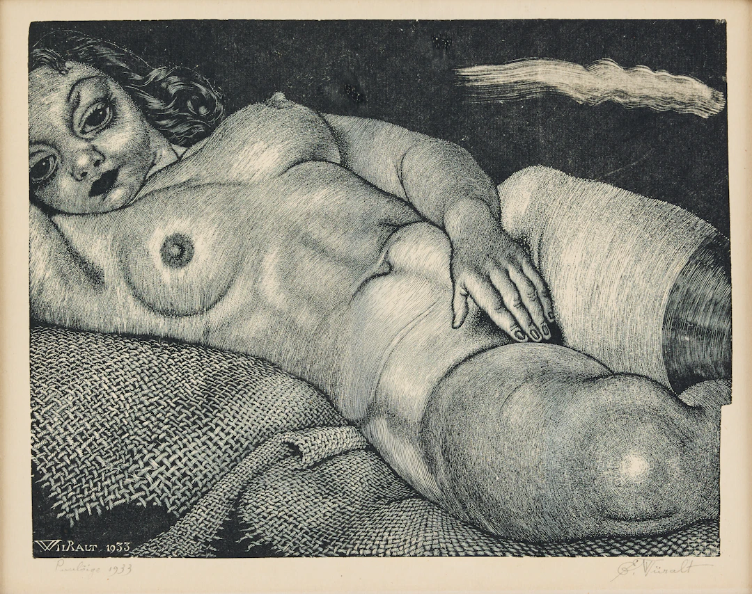 EDUARD WIIRALT. "Lamav akt kanepiriidel" (Reclining Nude on Hemp Canvas).