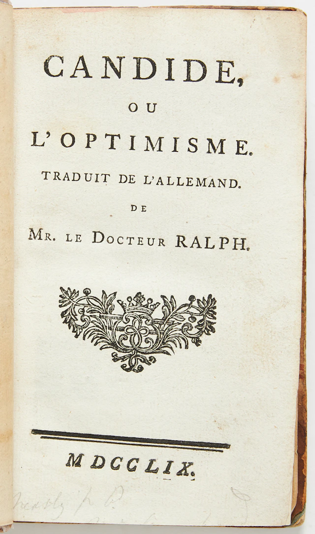 VOLTAIRE'S CANDIDE, 1759, second corrected London edition in French.