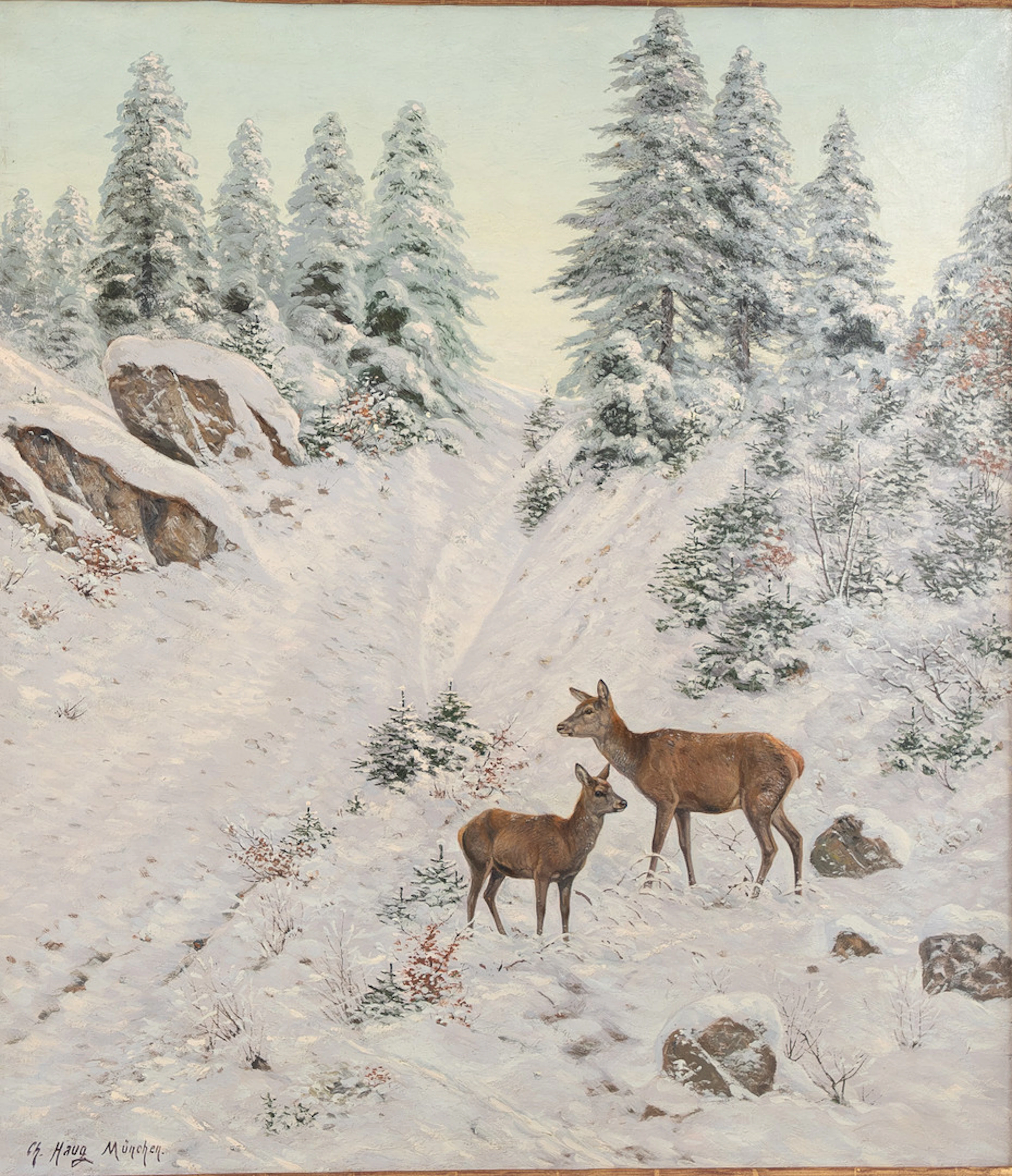 CHRISTIAN HAUG (1872-1953). Hirschkuh mit Kalb in einer Winterlandschaft.