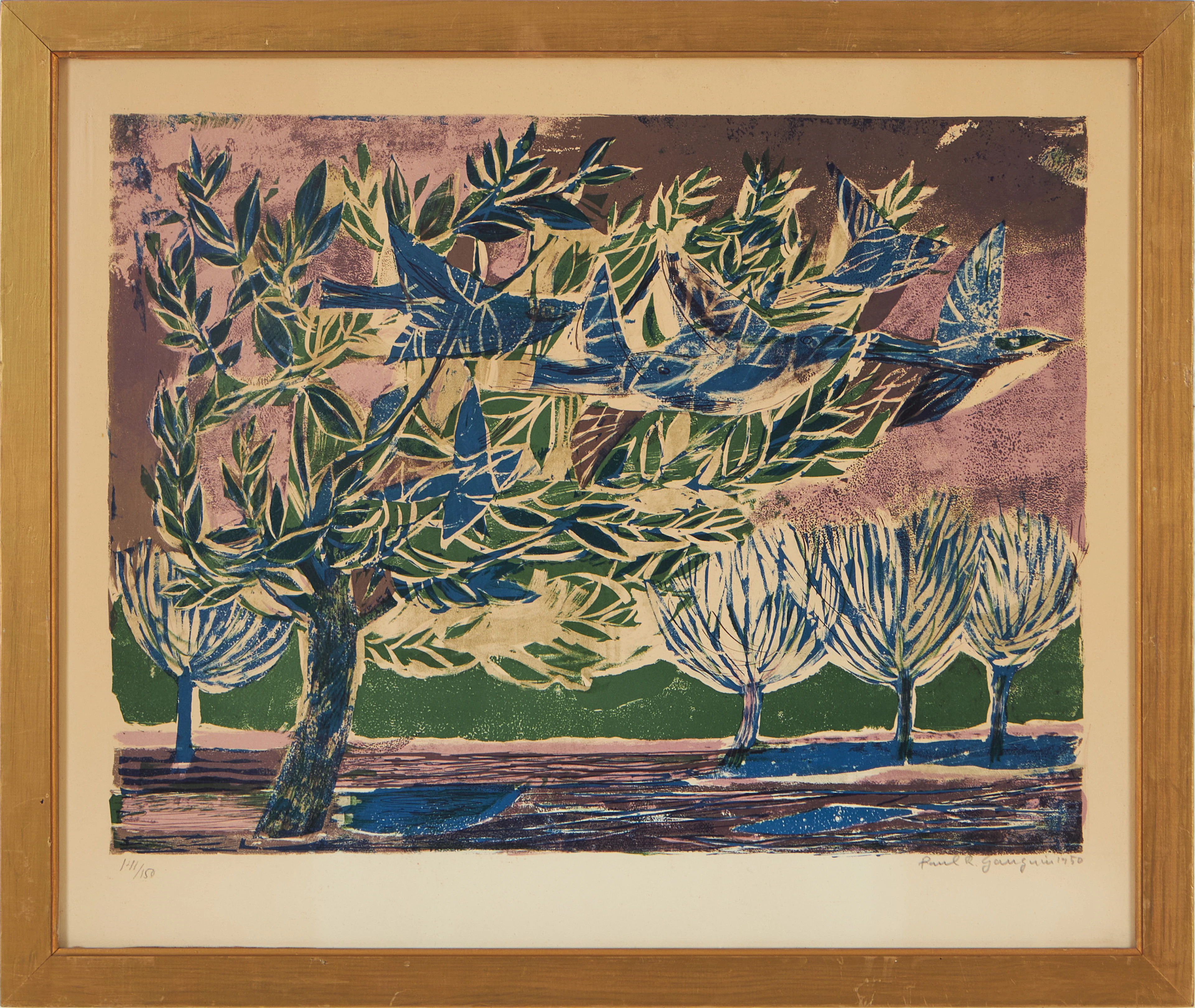 PAUL RENÉ GAUGUIN (1911-1976). "Blå fåglar", träsnitt, 1950.
