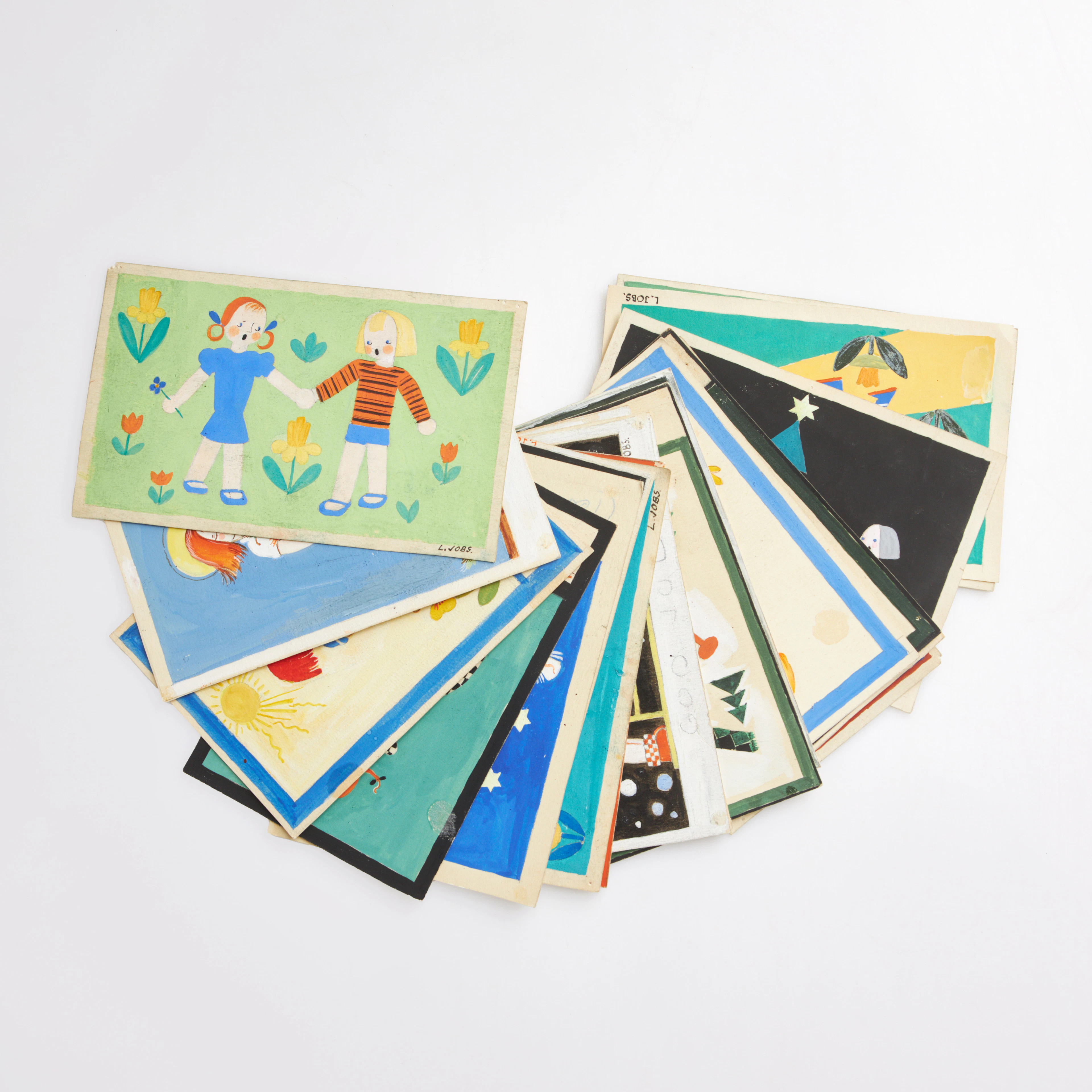 LISBET JOBS. Illustrationer, 20 st, gouache, akvarell, blyerts, flera