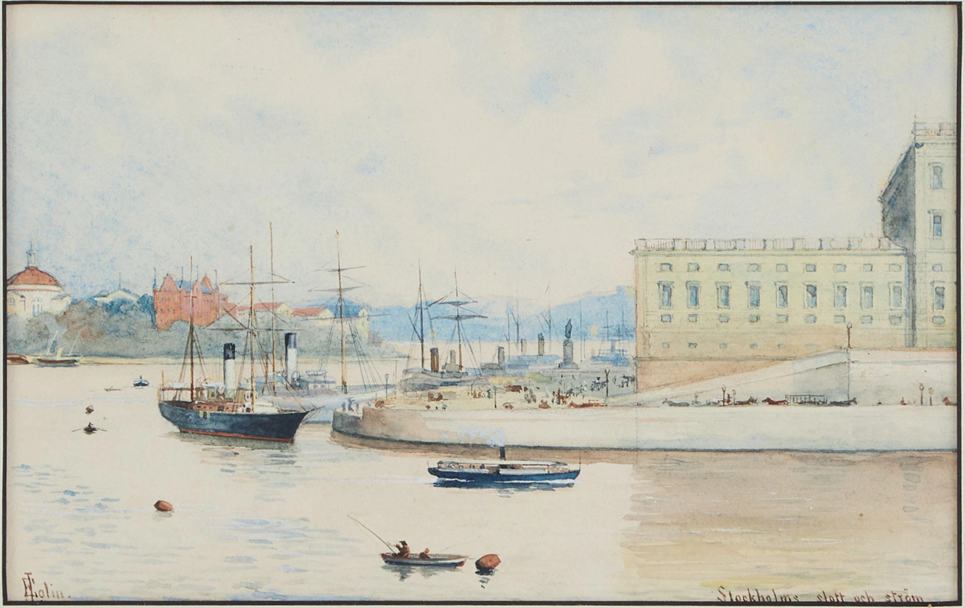 ELLEN JOLIN. "Stockholms slott och ström", akvarell med täckvitt på