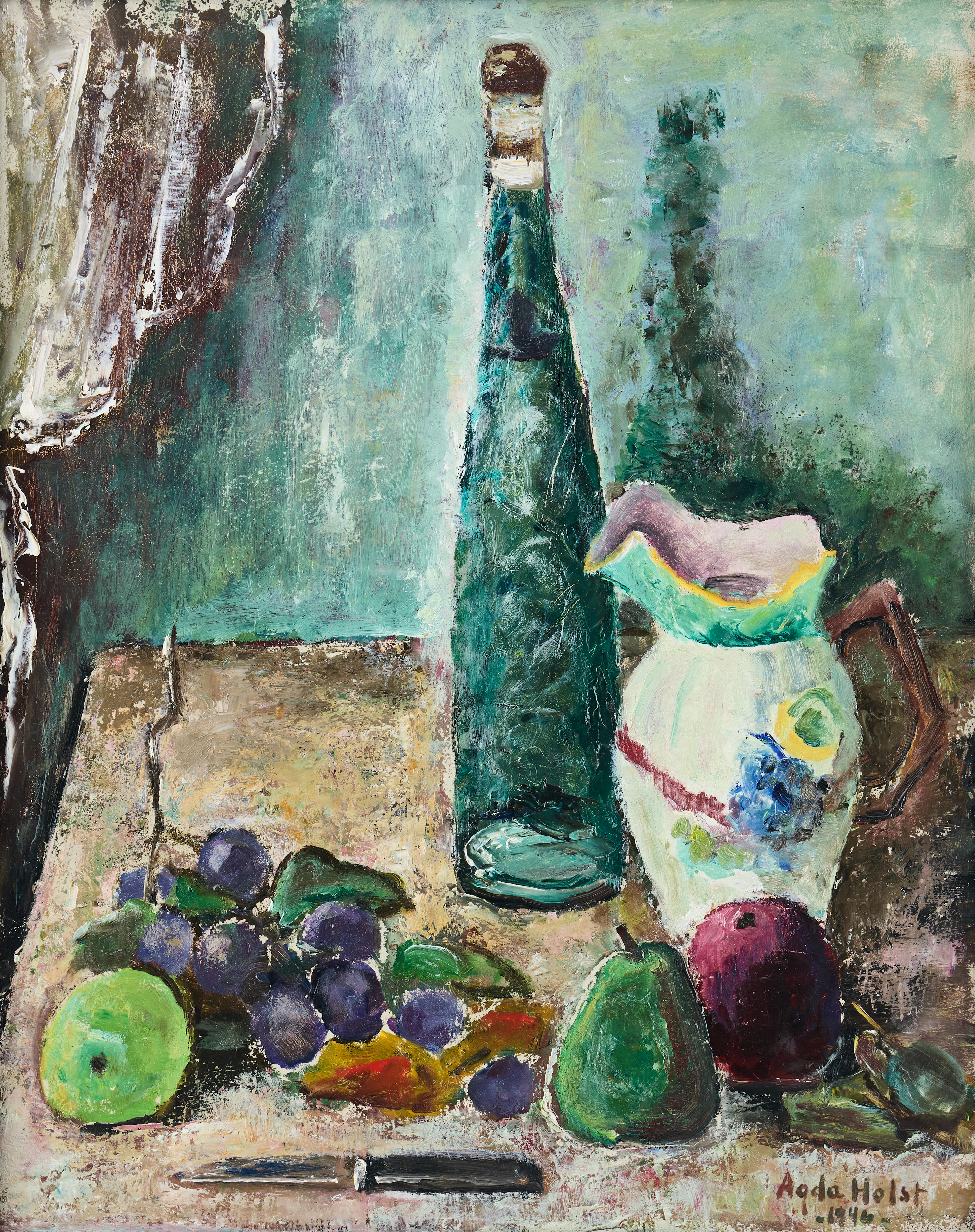 AGDA HOLST. Stilleben med kanna och frukt.