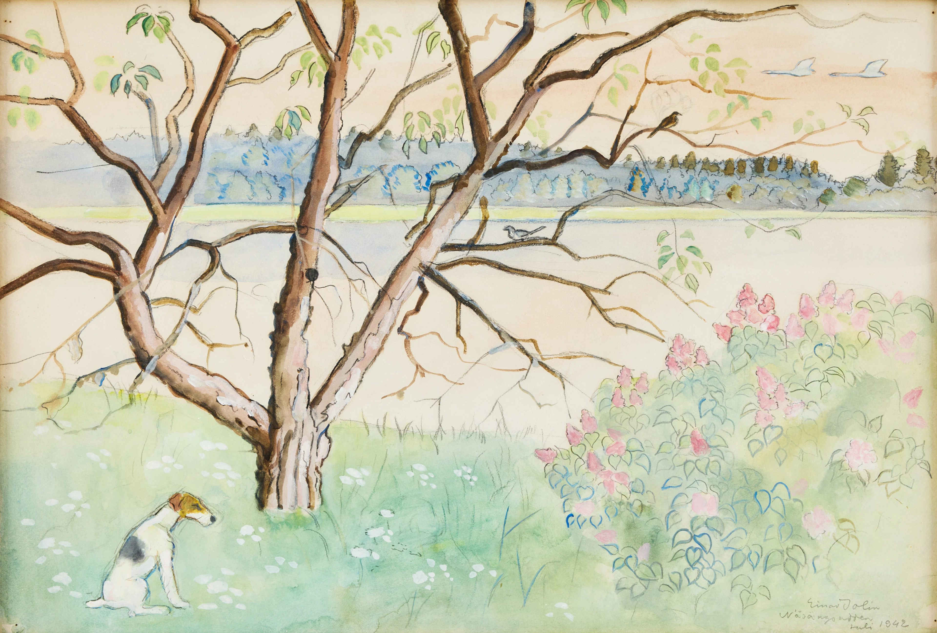 EINAR JOLIN. Hund i trädgård.