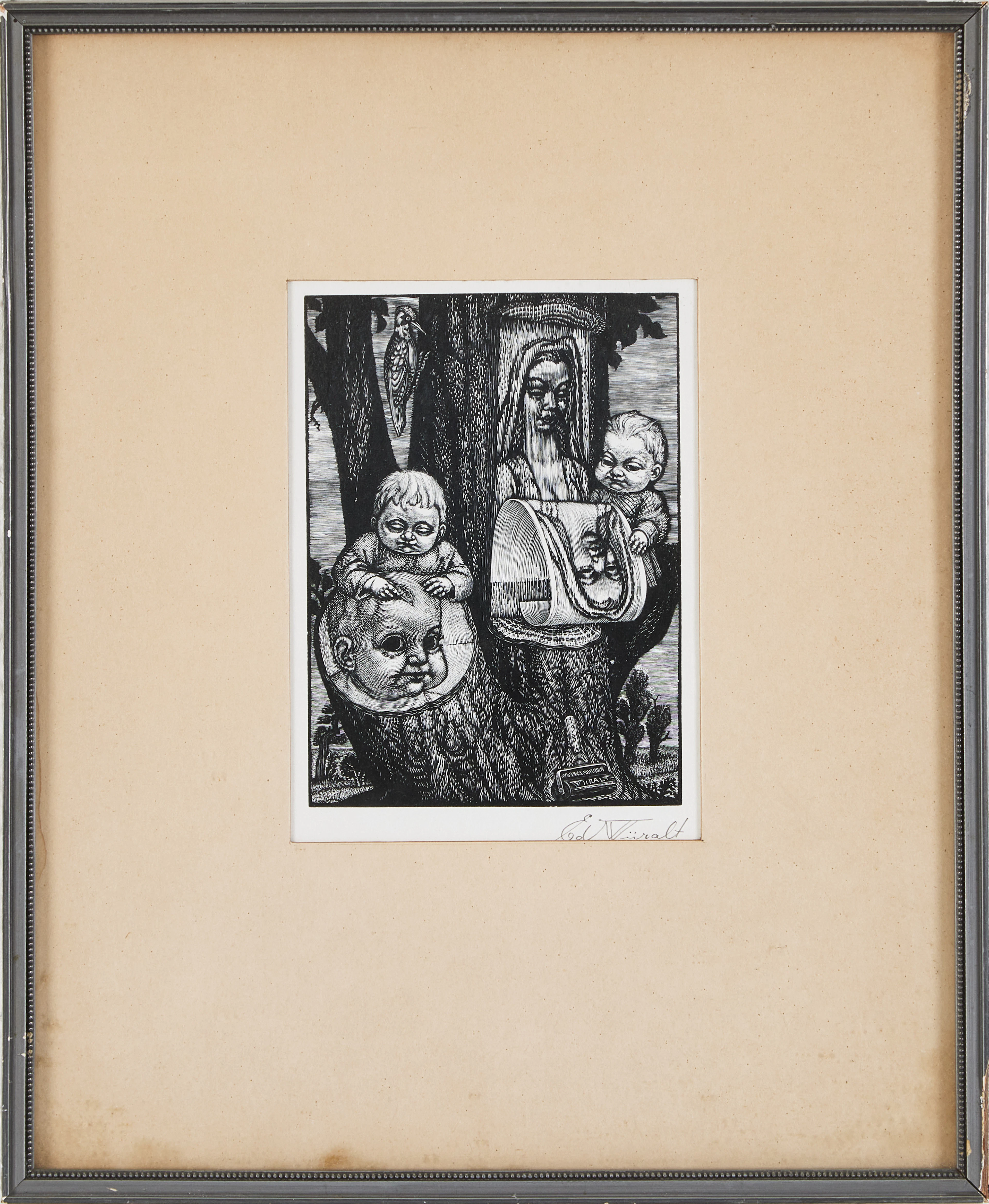 EDUARD WIIRALT. "Birth of wood engraving" (Puulõike sünd), trägravyr, signerad.