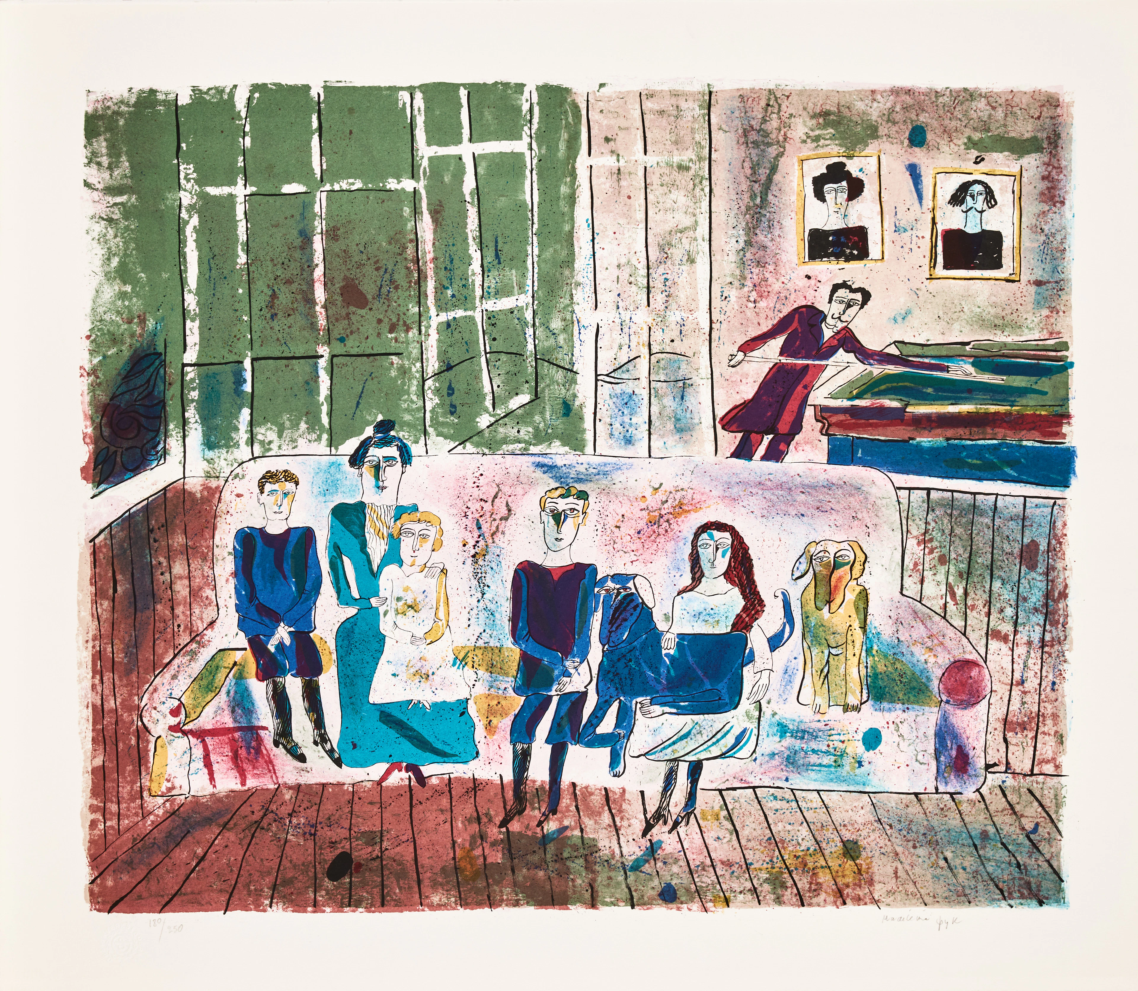 MADELEINE PYK. Familjebild, färglitografi.