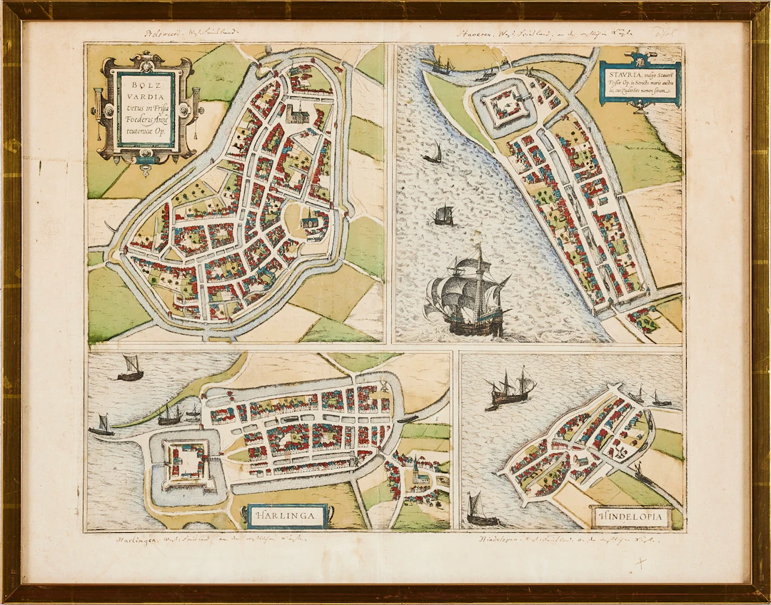 GEORG BRAUN och FRANS HOGENBERG. Kartor över Bolswand, Stavoren, Harlingen