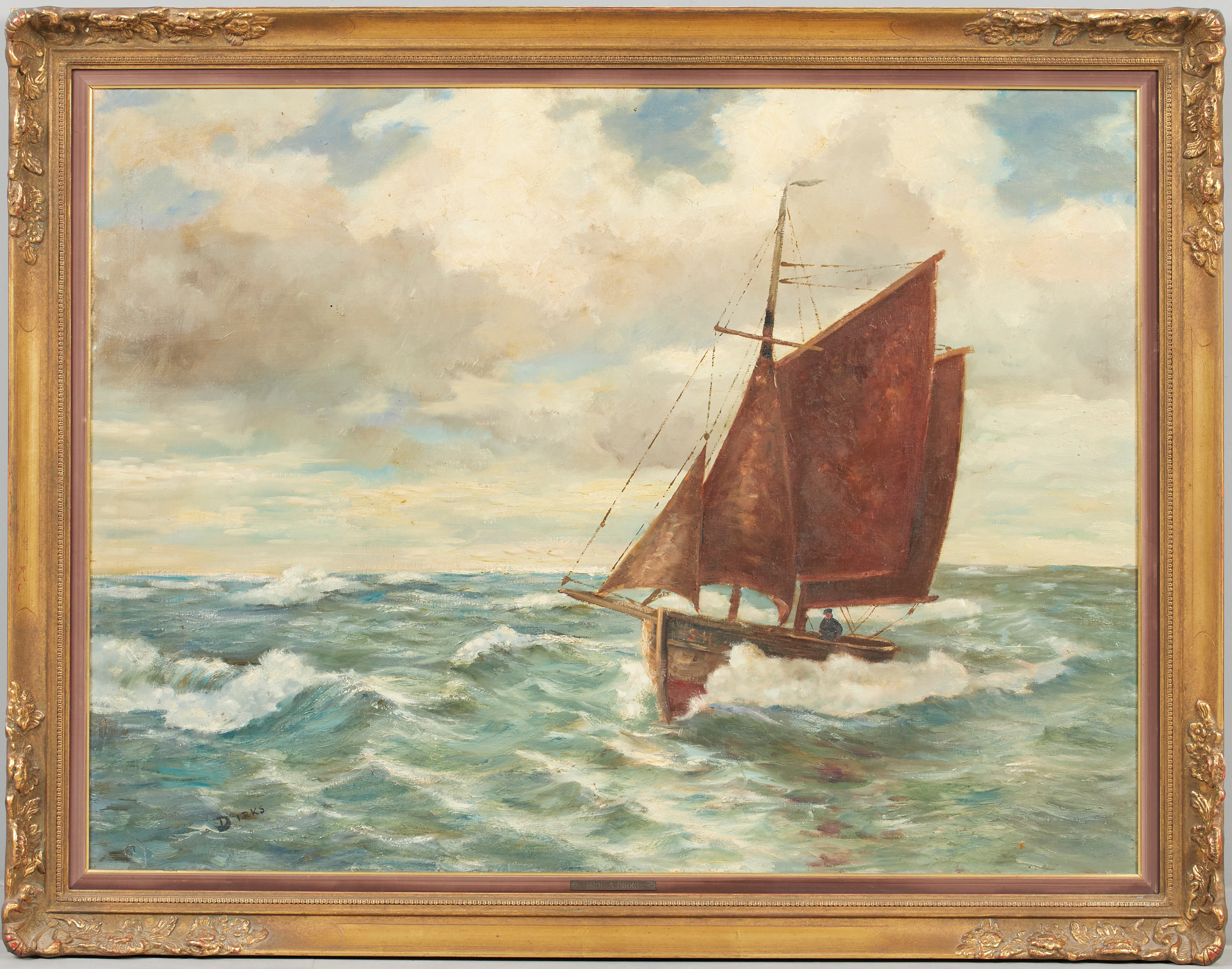 ANDREAS DIRKS (1865-1922). Schiff mit roten Segeln, Ölgemälde.
