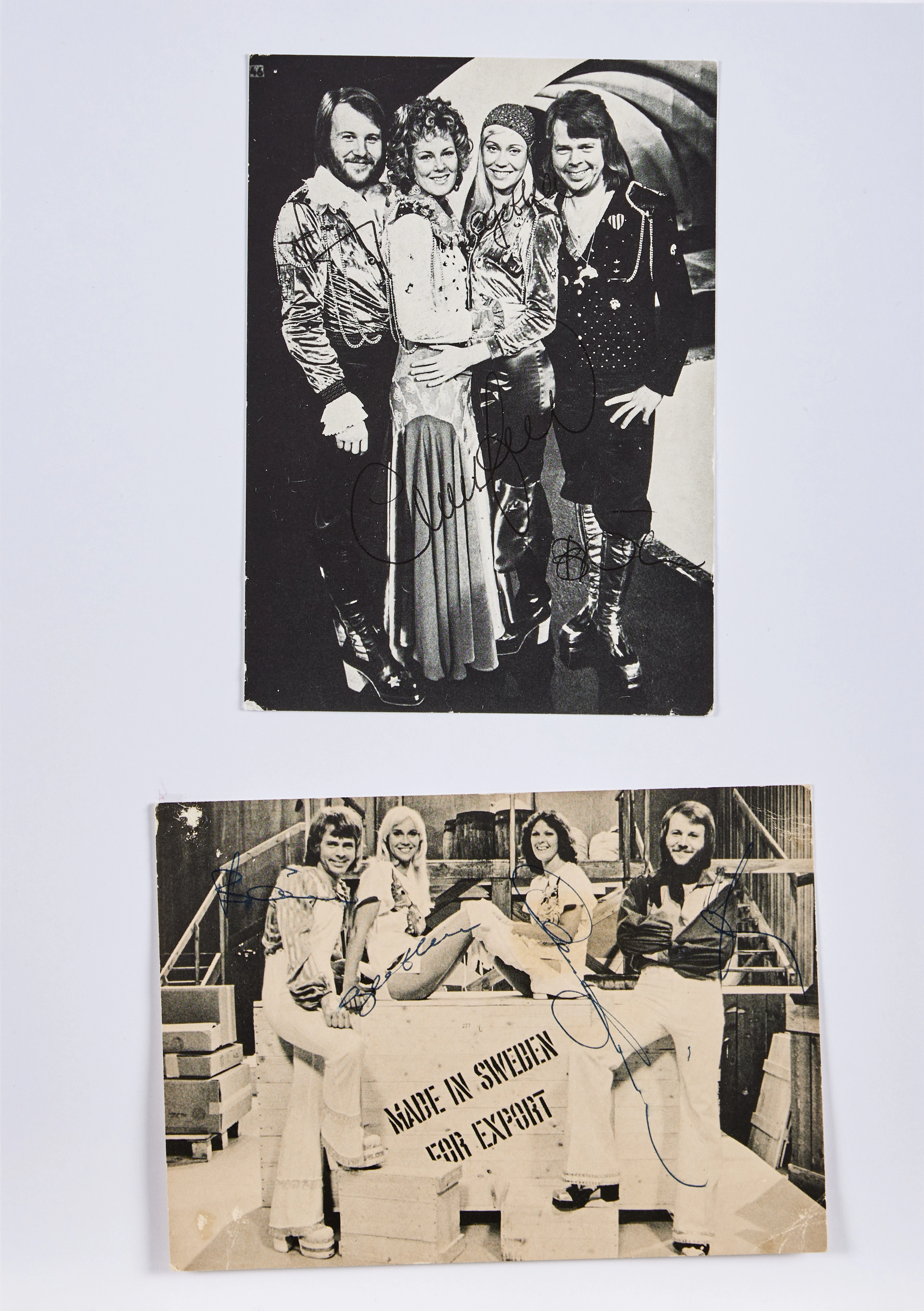 ABBA, idolkort med namnpåskrifter, 2 st., 1970-tal.