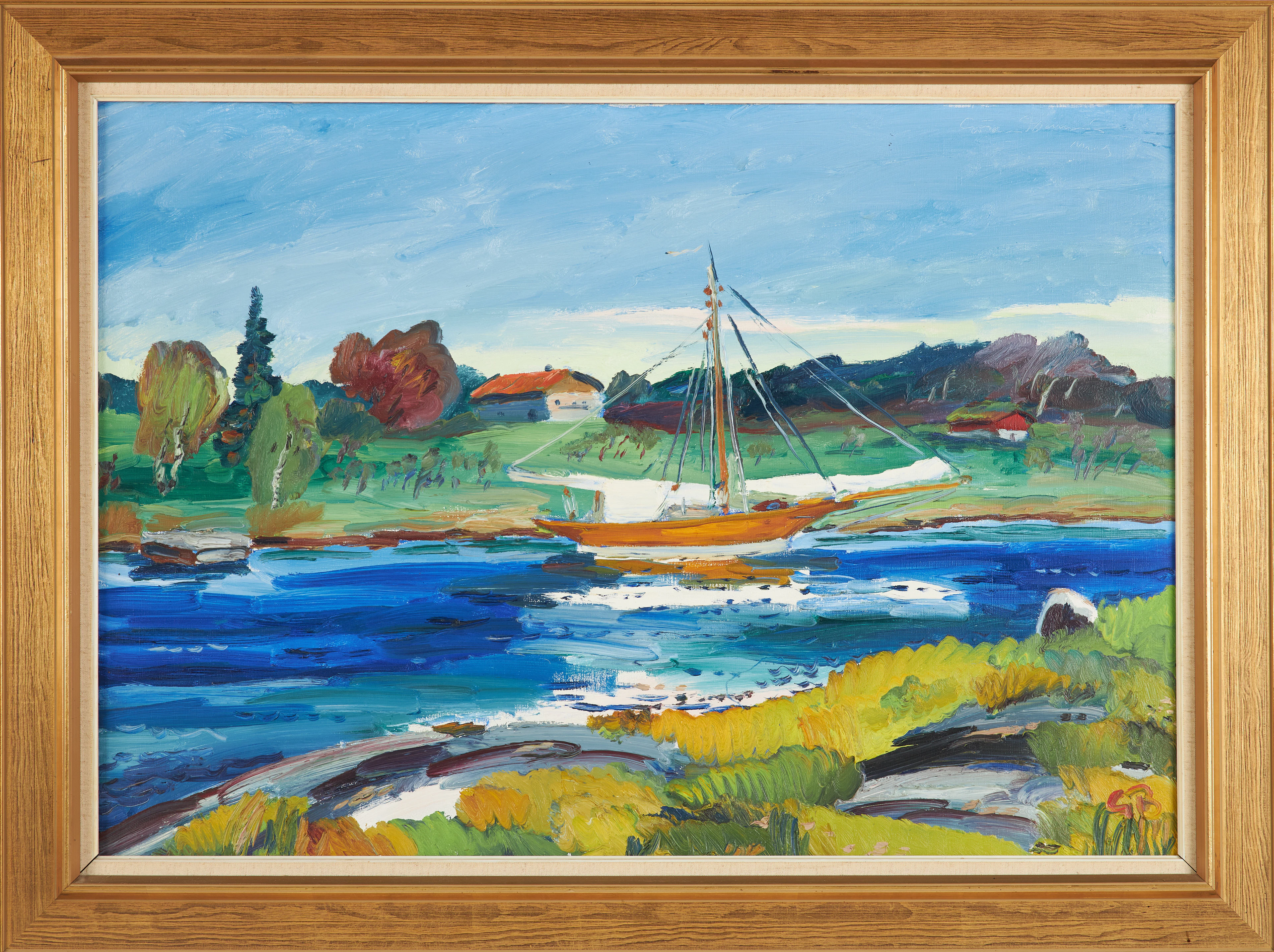 GÖRAN BRUNIUS. Skärgårdsmotiv med segelbåt, olja på duk, signerad.