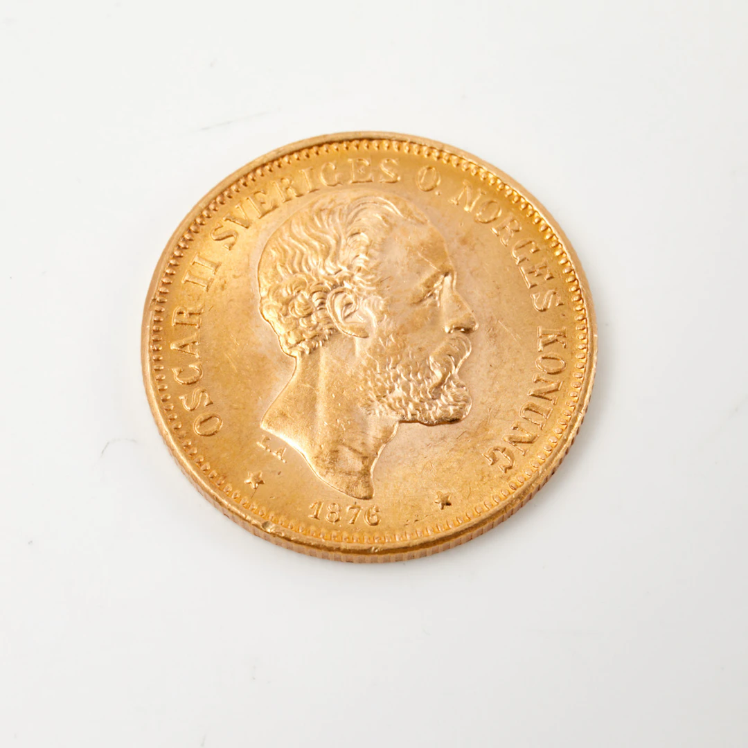MYNT, 21,6 k guld, Oscar II, 20 kronor, 1876, med etui och certifikat