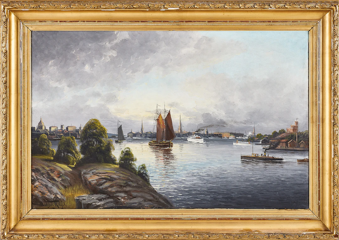 OIDENTIFIERAD KONSTNÄR. Stockholmsinlopp, olja på duk, signerad C