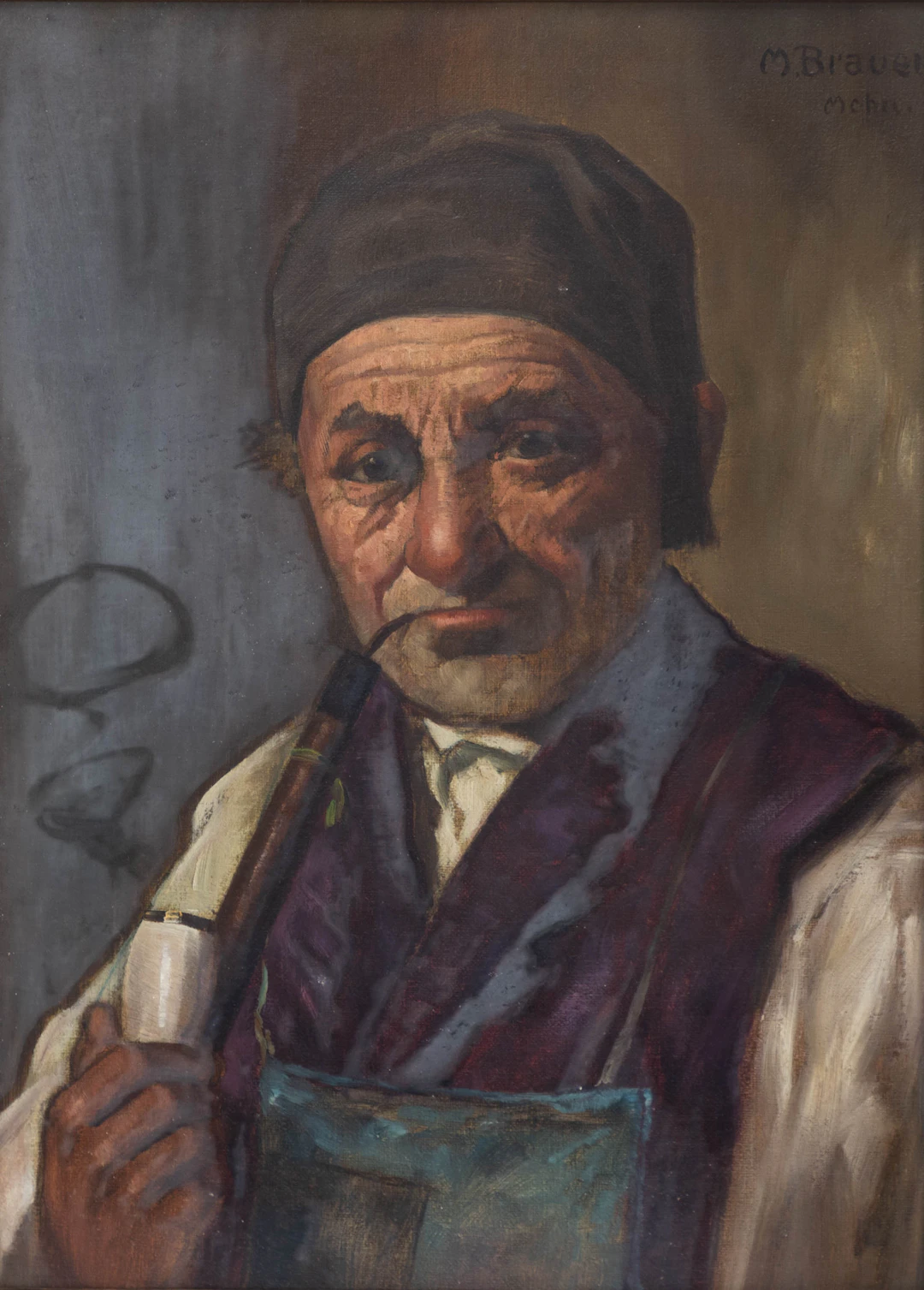 M. BRAUER, MÜNCHNER SCHULE UM 1900. Portrait eines Bauern mit Pfeife.
