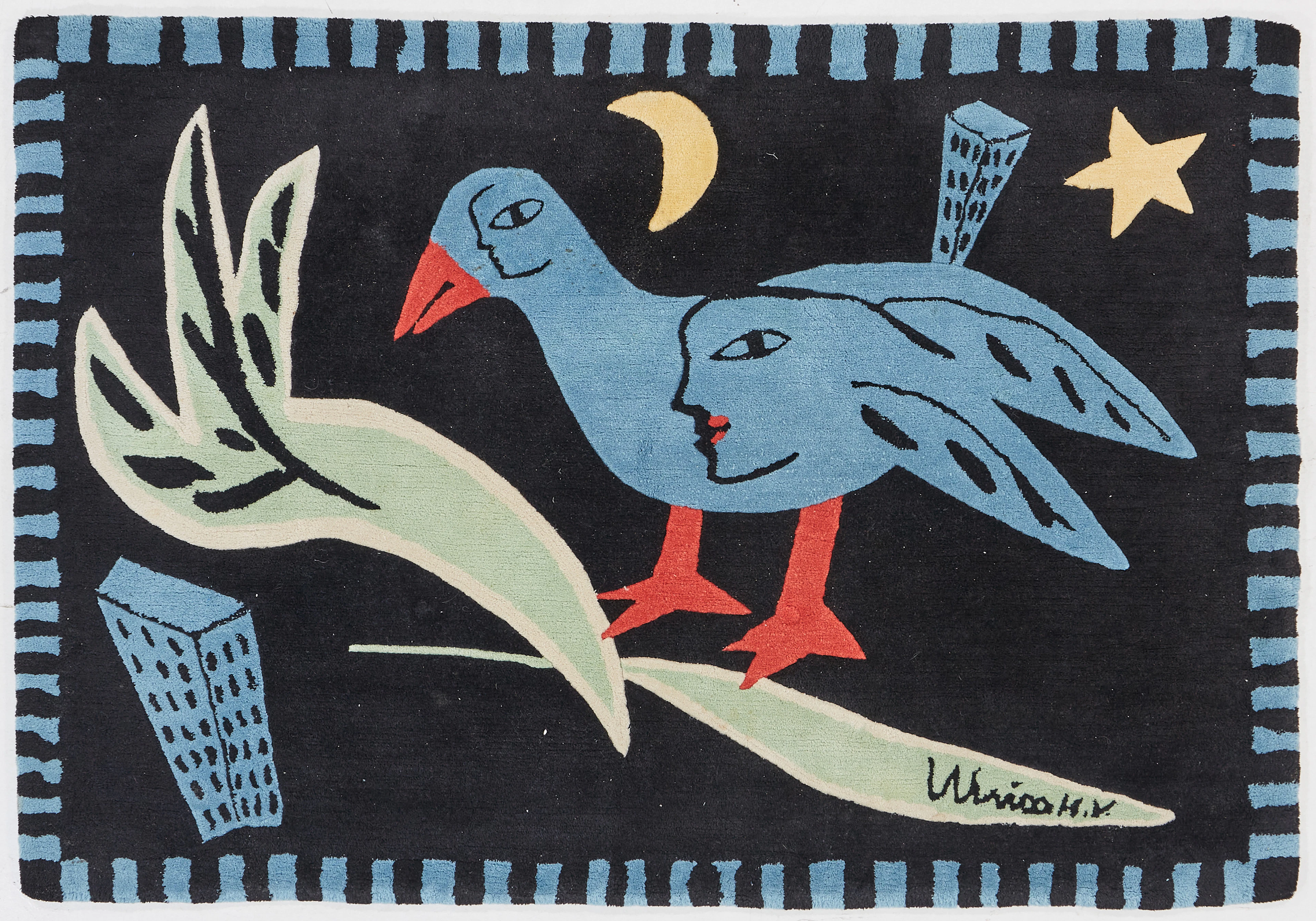 ULRICA HYDMAN-VALLIEN. Matta, ull, motiv av fågel, hus, stjärna och