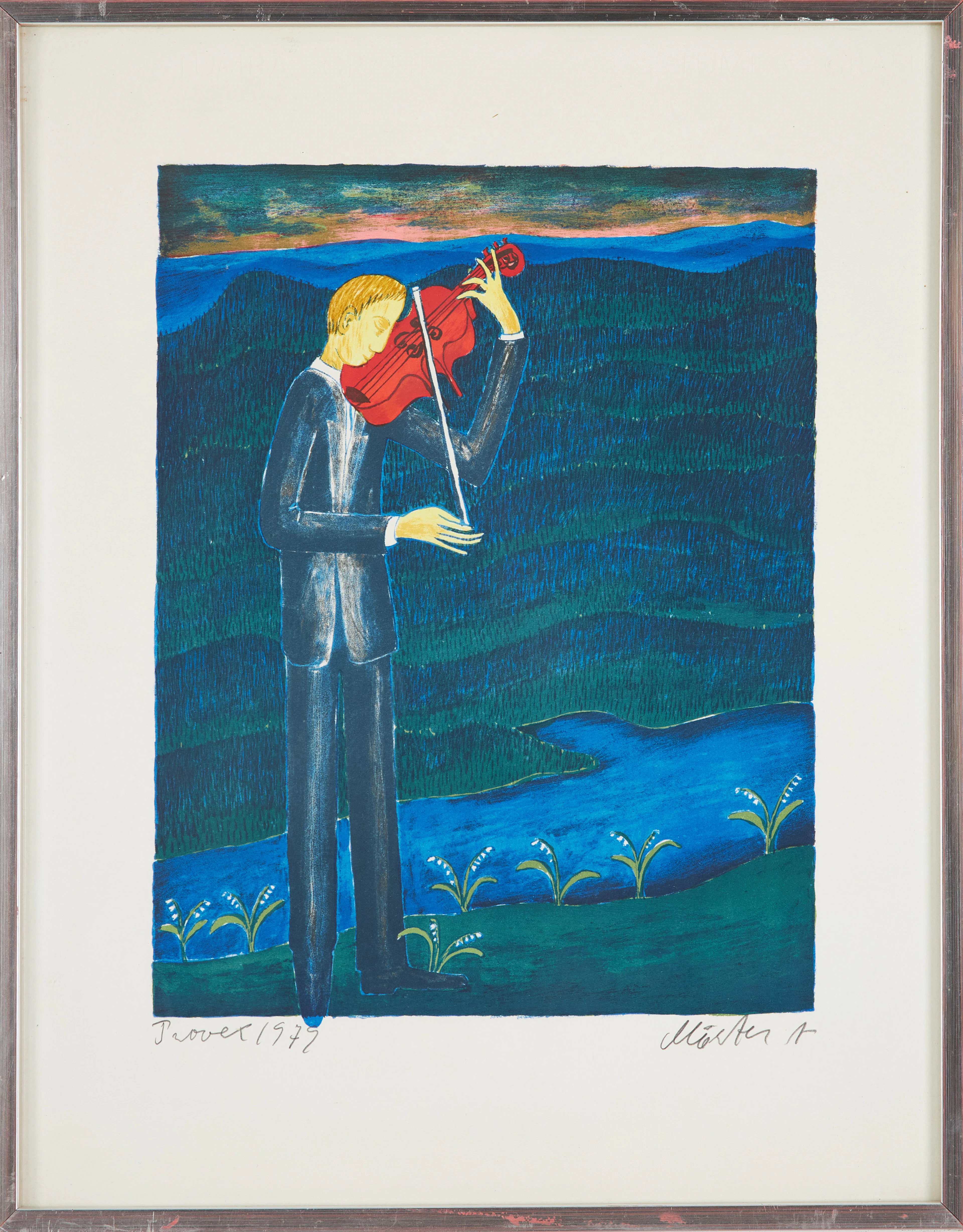 MÅRTEN ANDERSSON. Fiolspelande man, färglitografi, provtryck, signerad