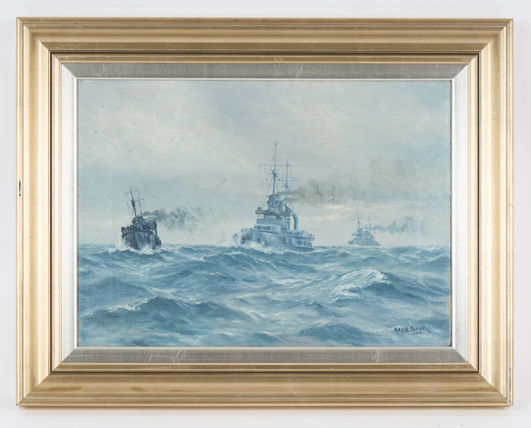 ADOLF BOCK. Fartyg på havet, signerad samt daterad 1960, olja på duk.