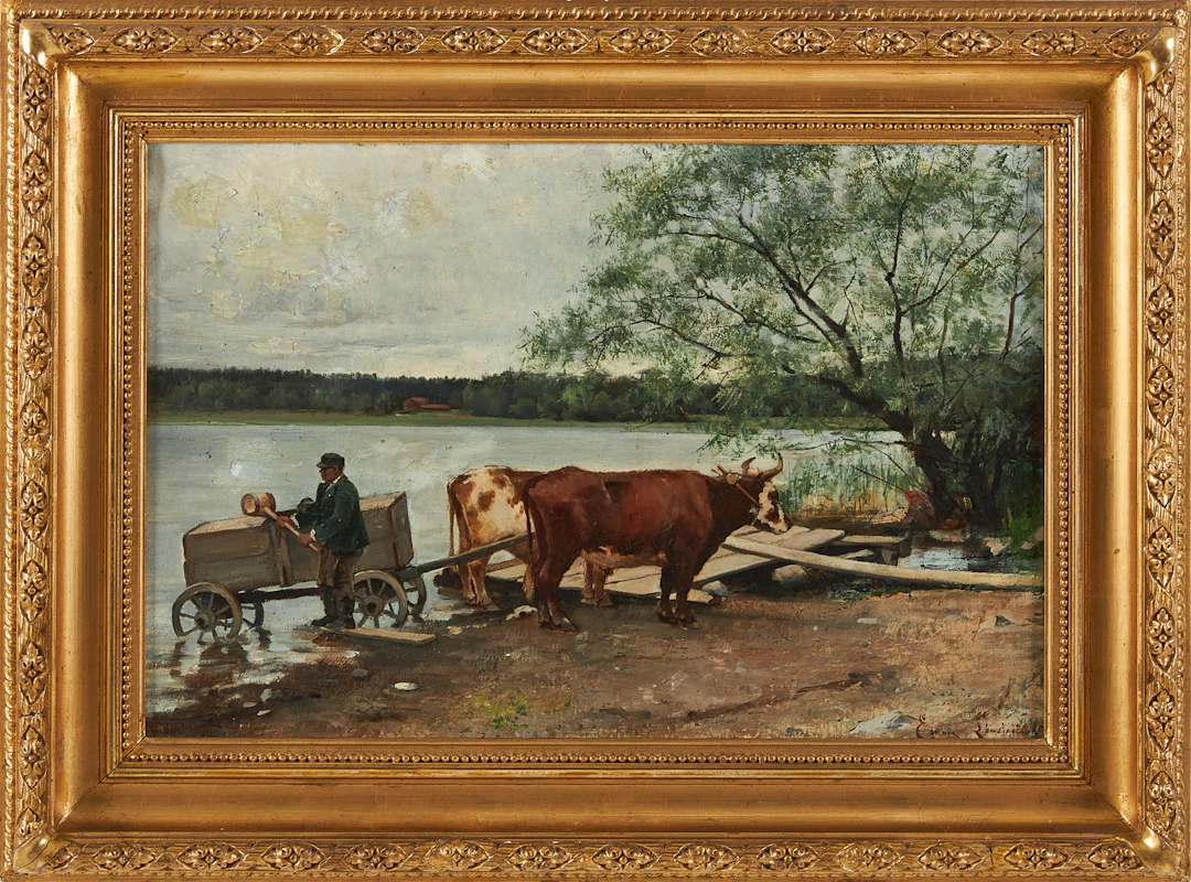 EMMA LÖWSTEDT-CHADWICK (1855-1932). Strandbild med oxar, olja på duk.