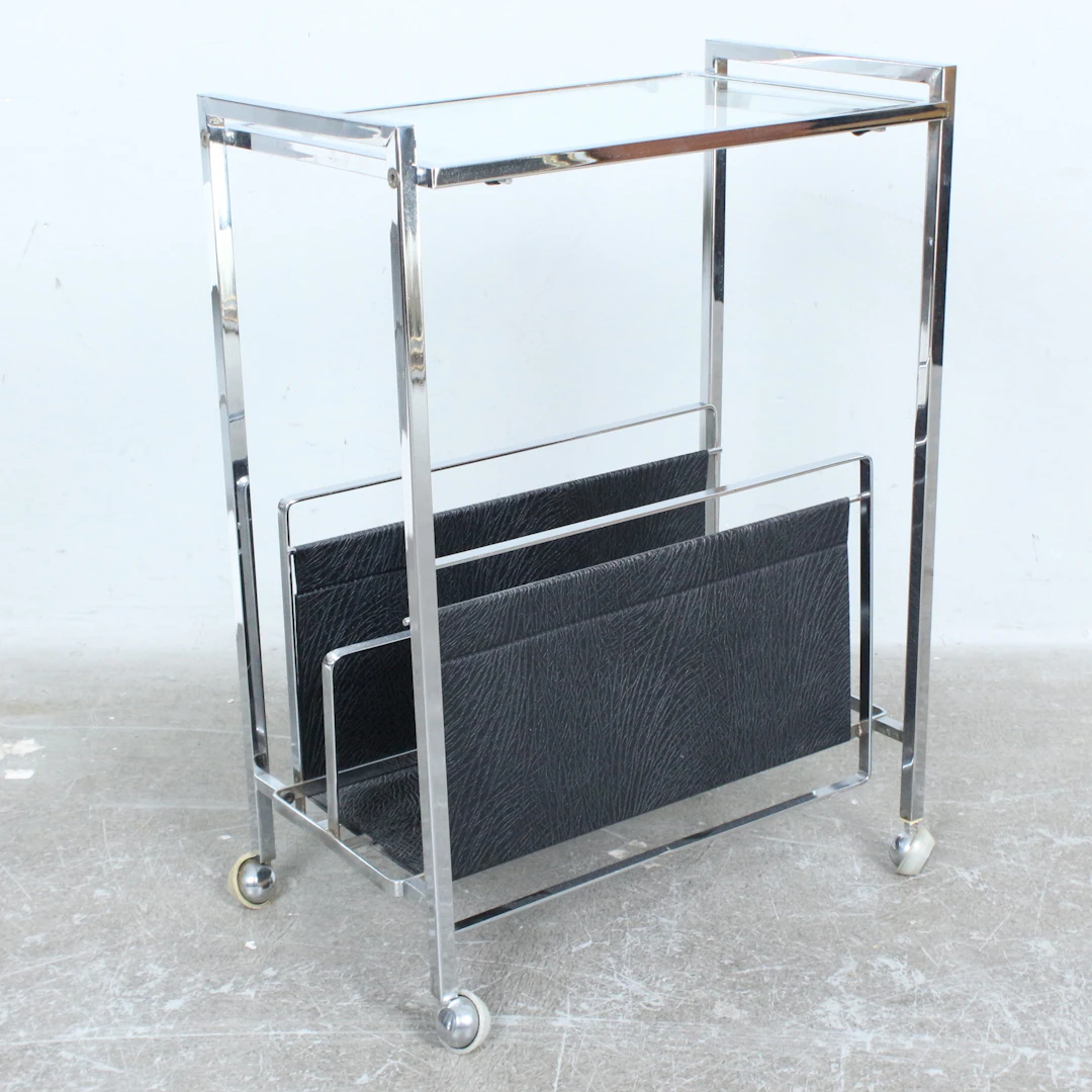 Bauhaus Servierwagen / Beistellwagen, Stahl verchromt, Kunstleder