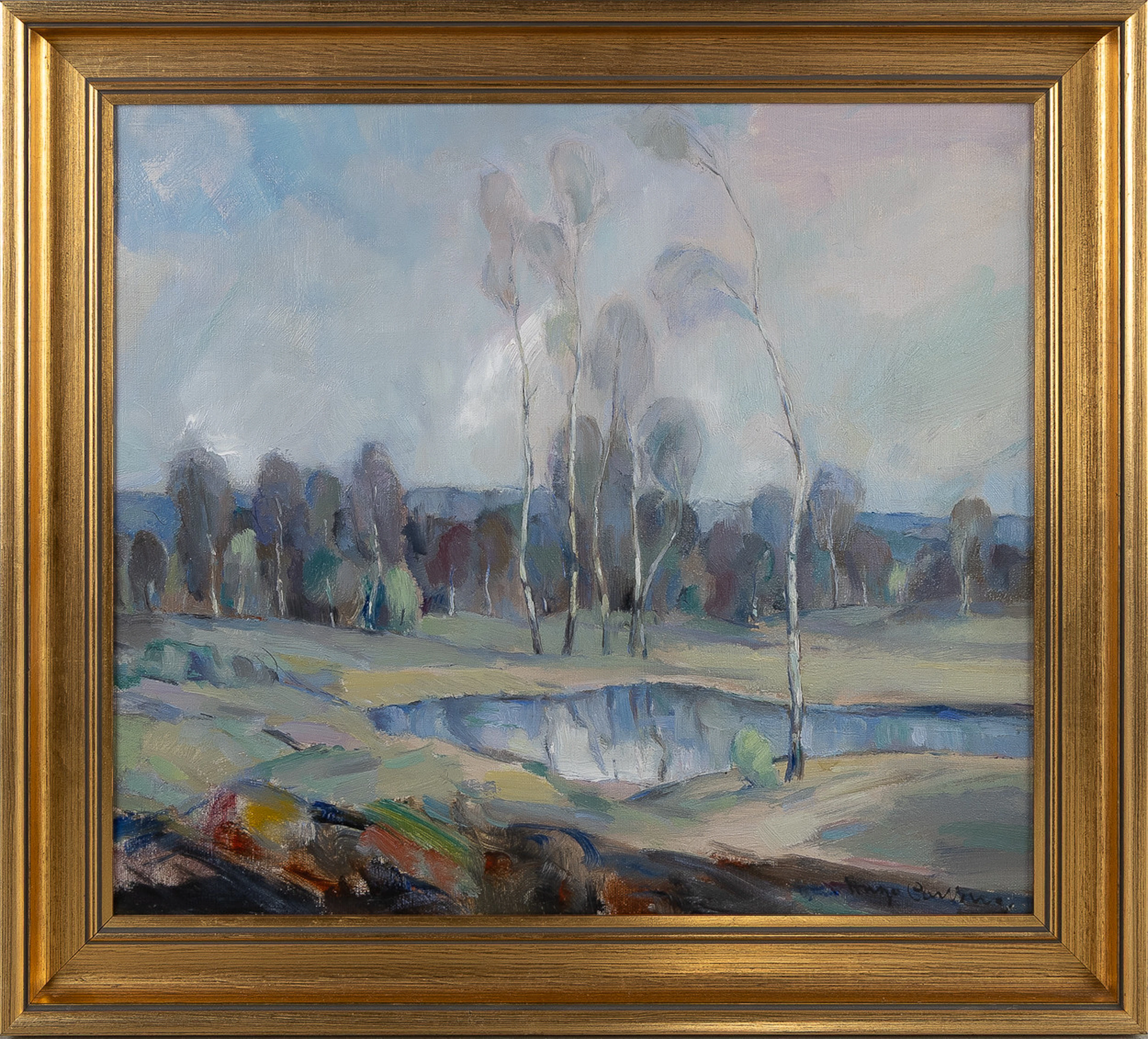 HUGO CARLBERG. "Vårlandskap", olja på duk.