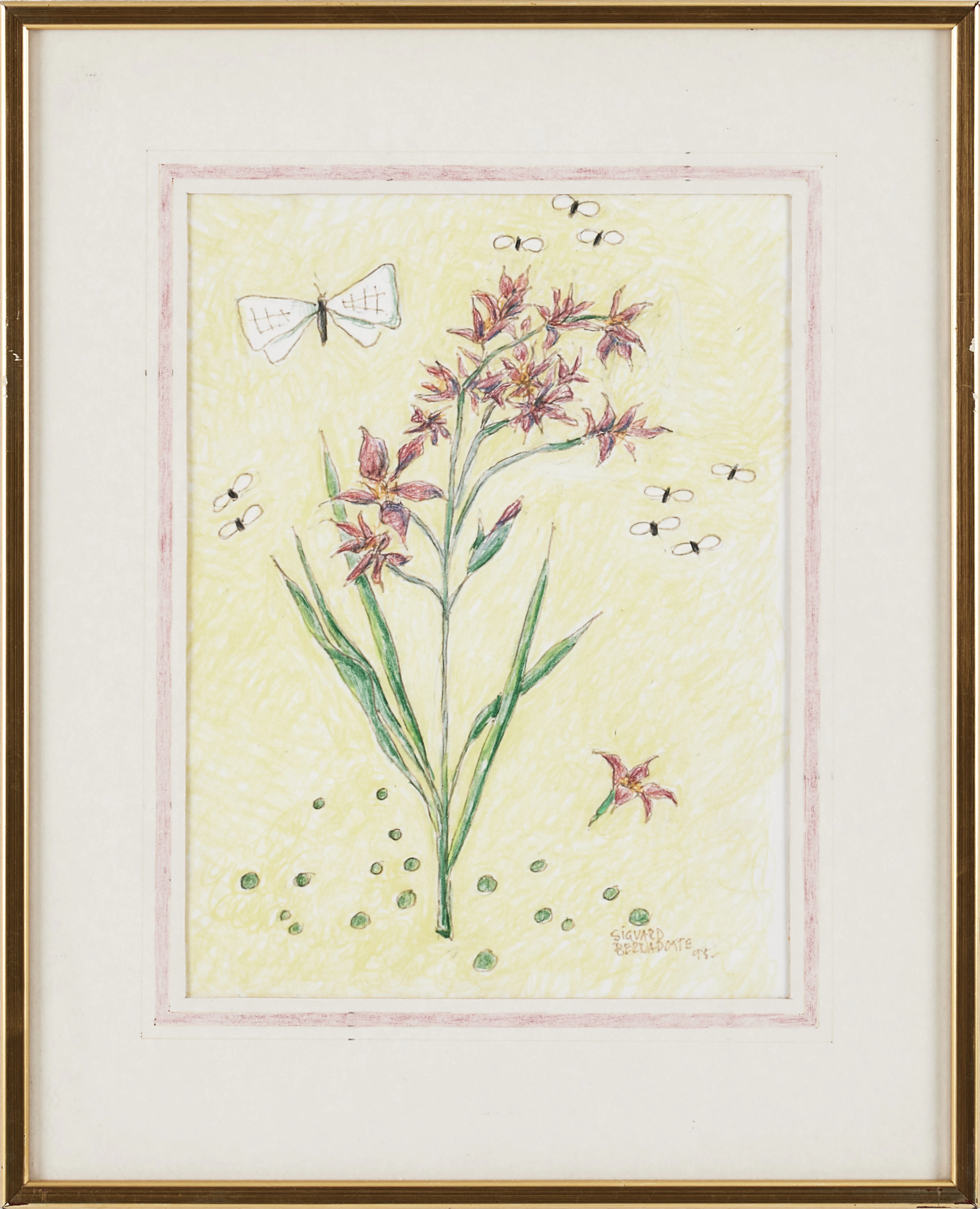 SIGVARD BERNADOTTE. "Gladiolus", motiv av blommor och fjäril, akvarell