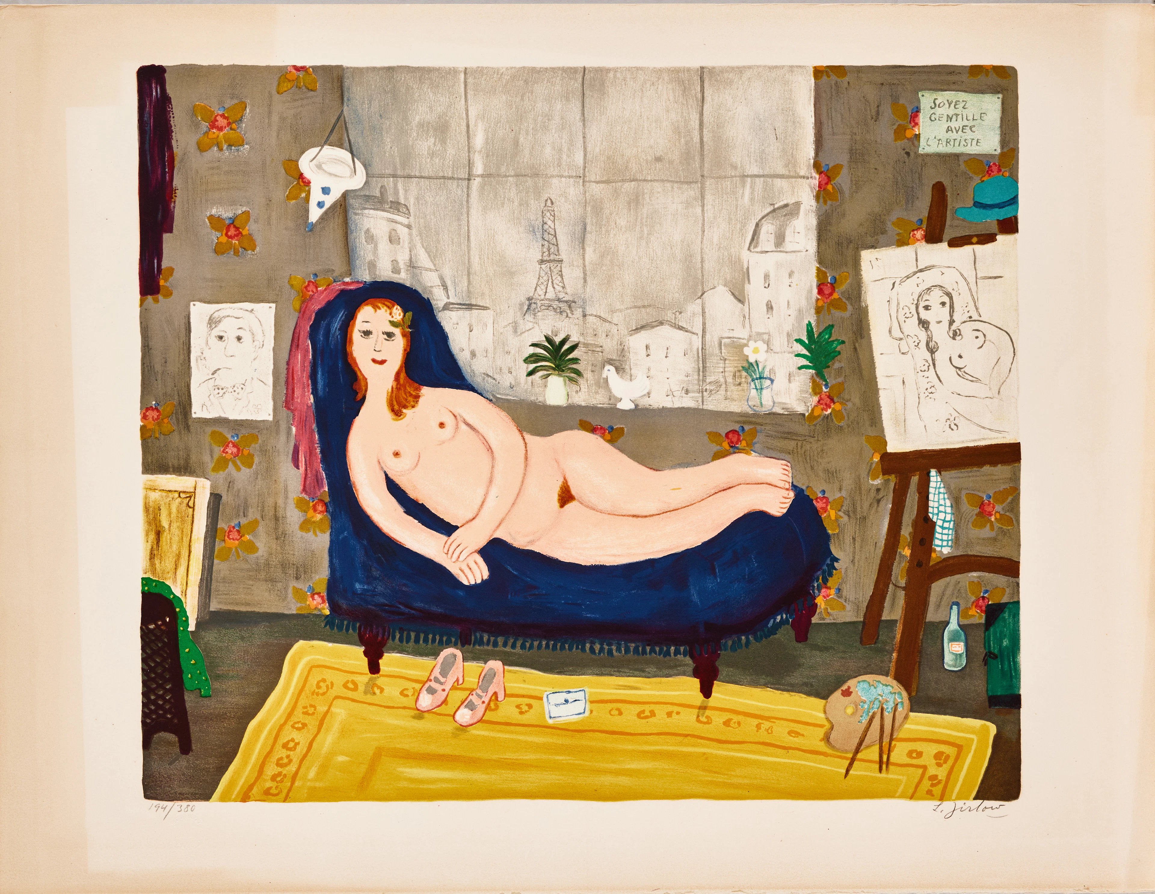 LENNART JIRLOW. Liggande modell, färglitografi, 1975.