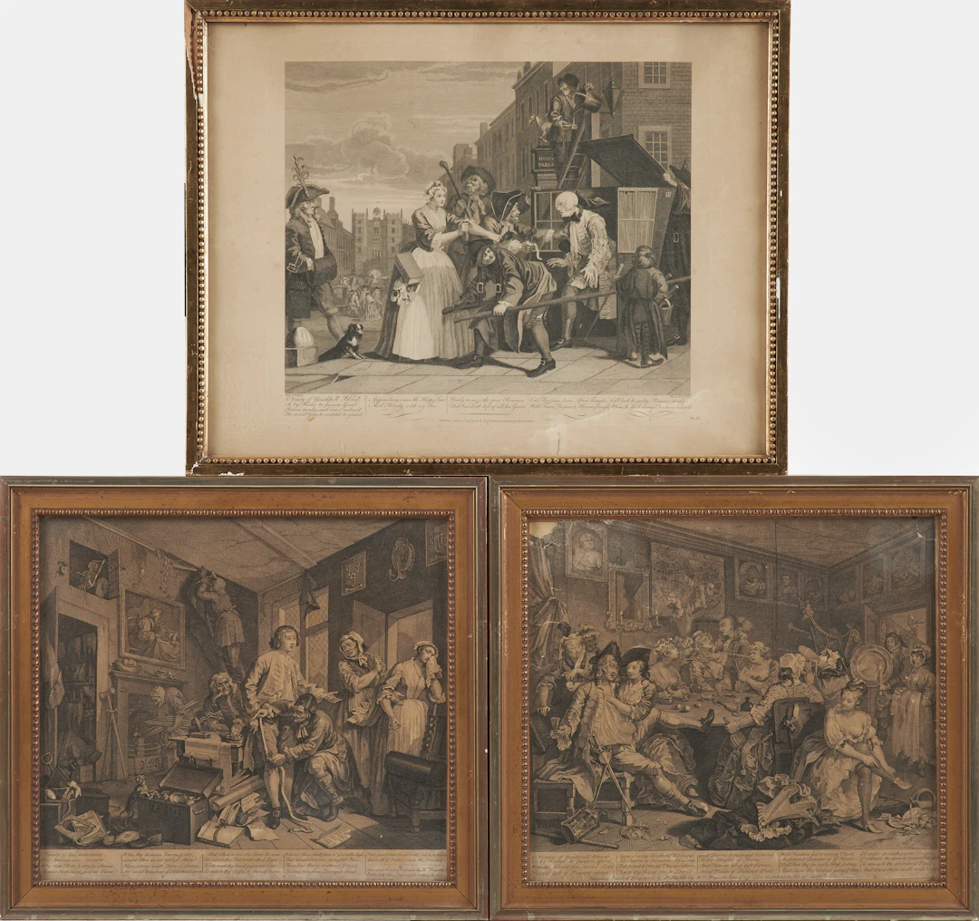 WILLIAM HOGARTH. 3 st, kopparstick, A Rake's Progress, Plate 1 samt