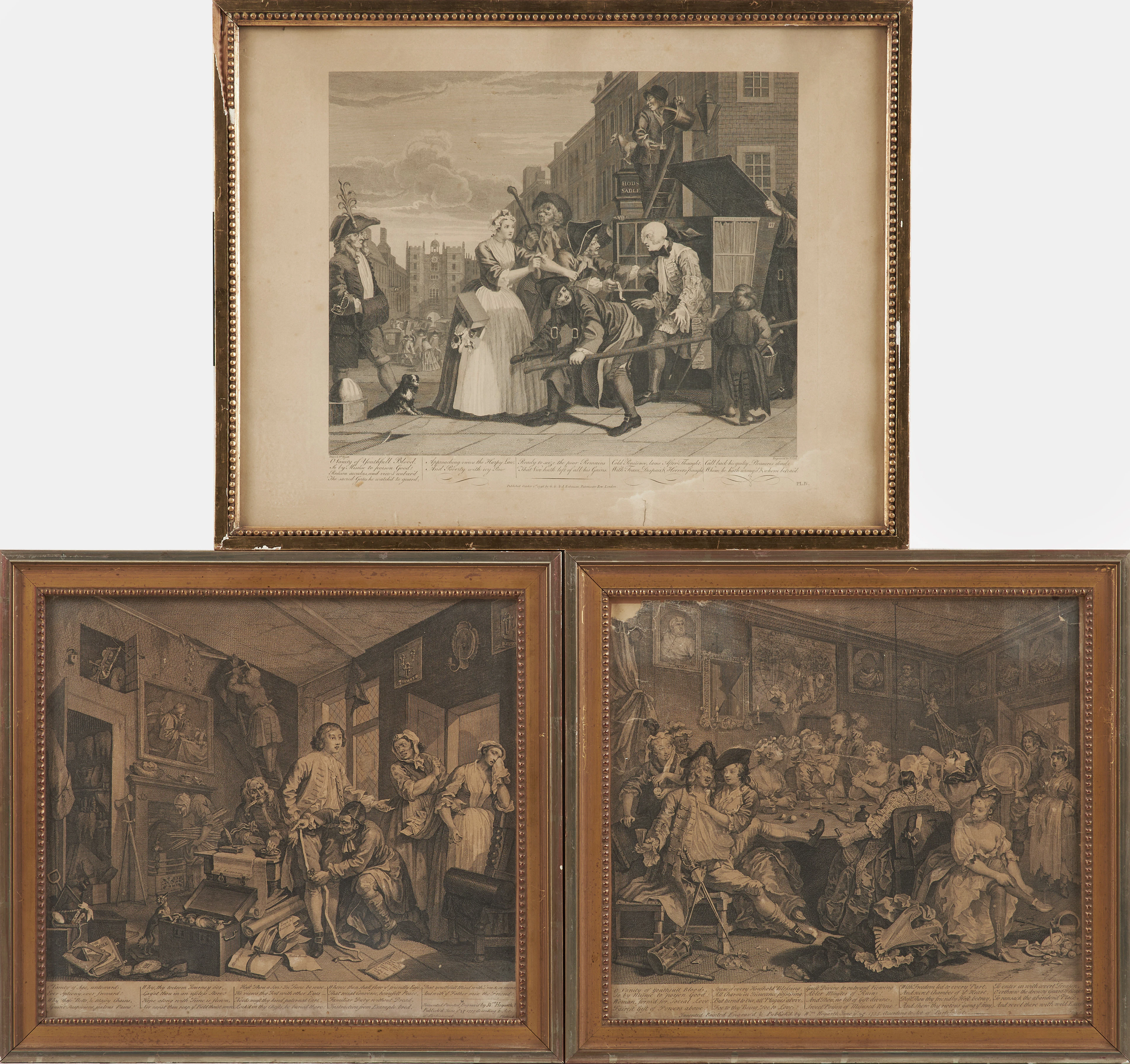 WILLIAM HOGARTH. 3 st, kopparstick, A Rake's Progress, Plate 1 samt