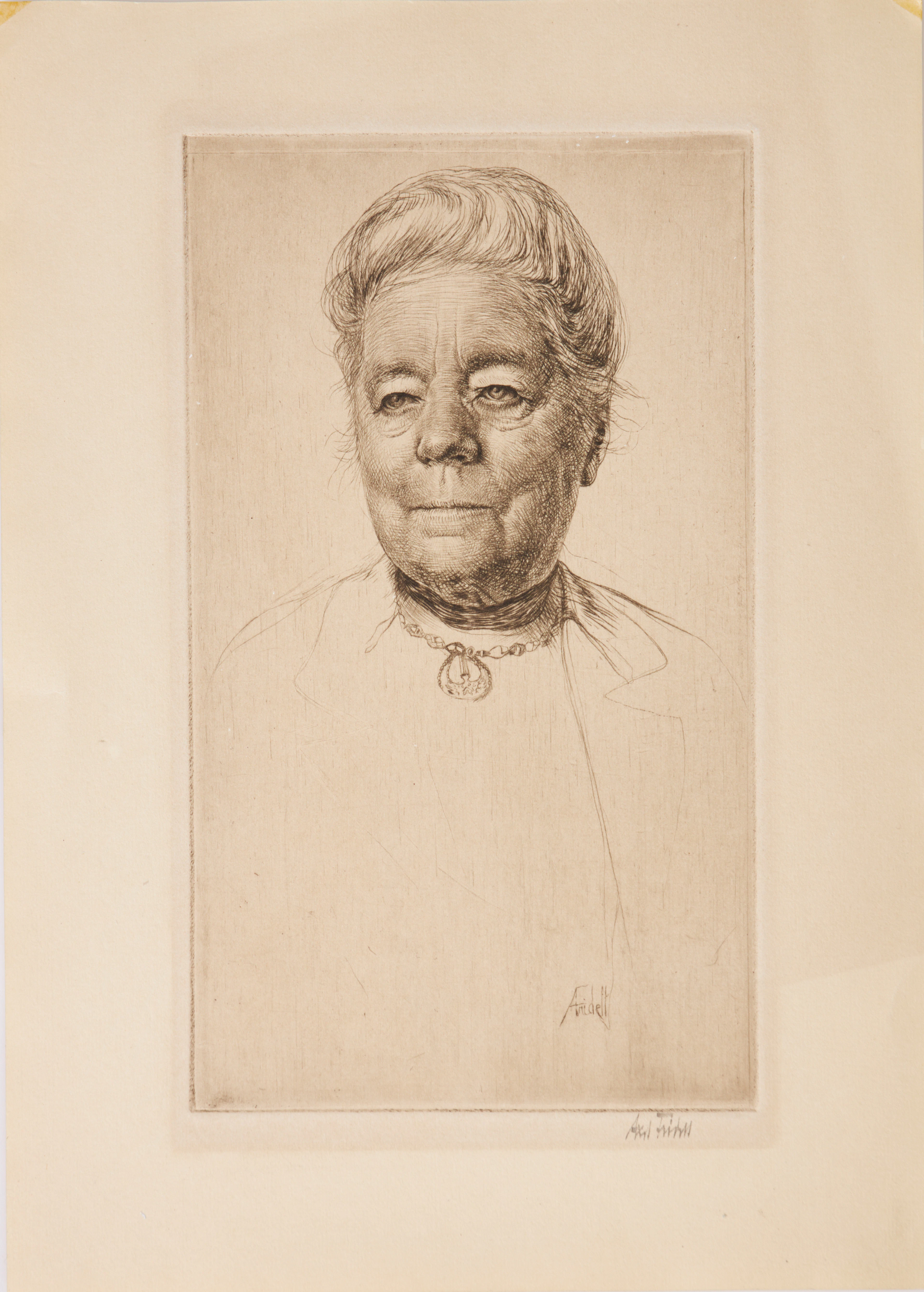 AXEL FRIDELL. Porträtt av Selma Lagerlöf, torrnålsgravyr.
