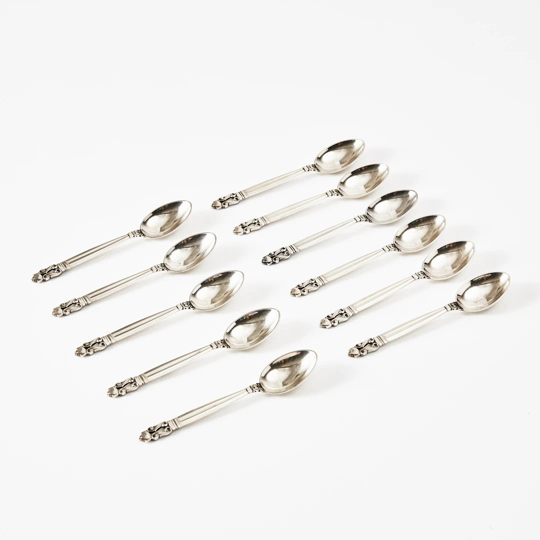 GEORG JENSEN. Kaffeskedar, 11 st, "Konge", Johan Rohde, sterlingsilver