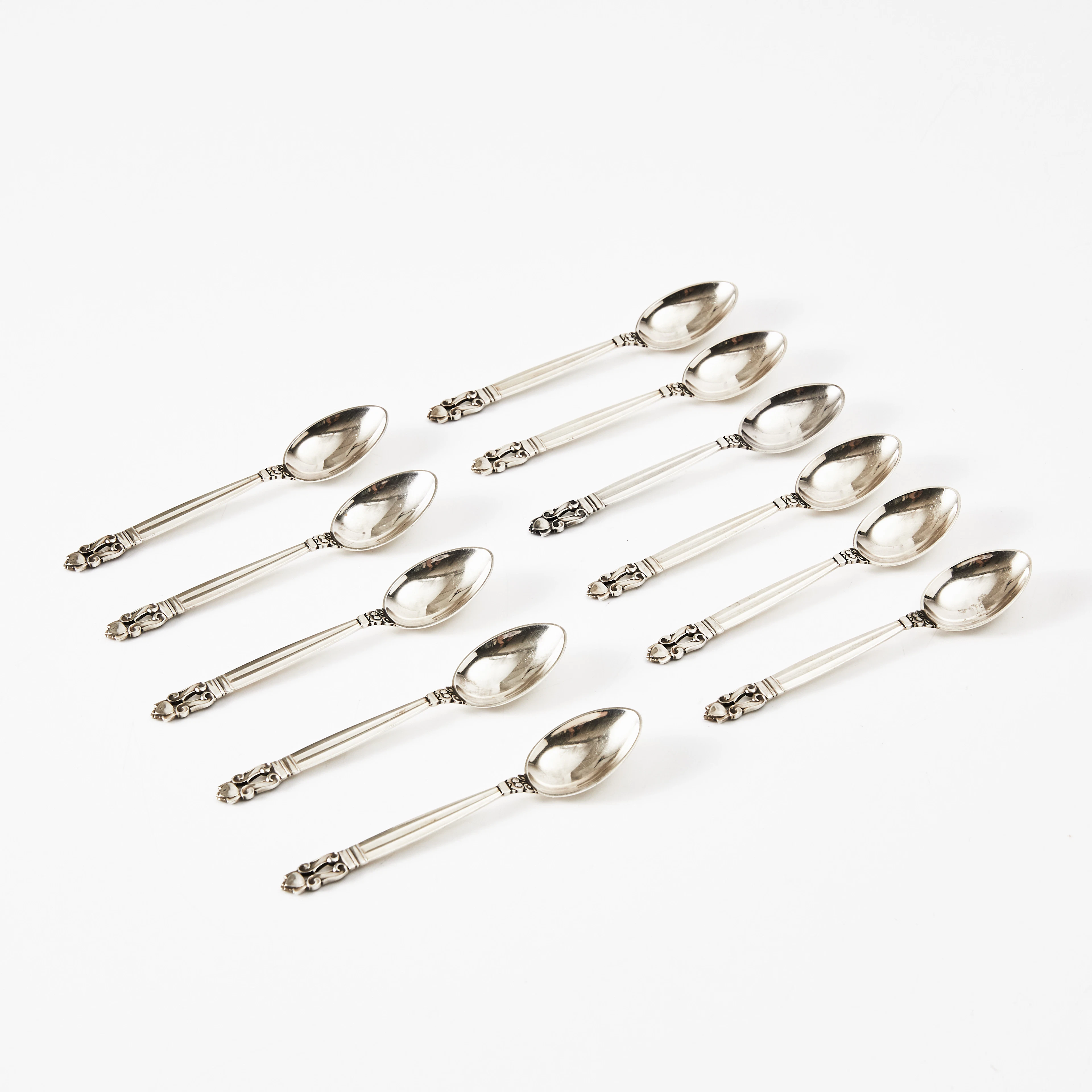 GEORG JENSEN. Kaffeskedar, 11 st, "Konge", Johan Rohde, sterlingsilver
