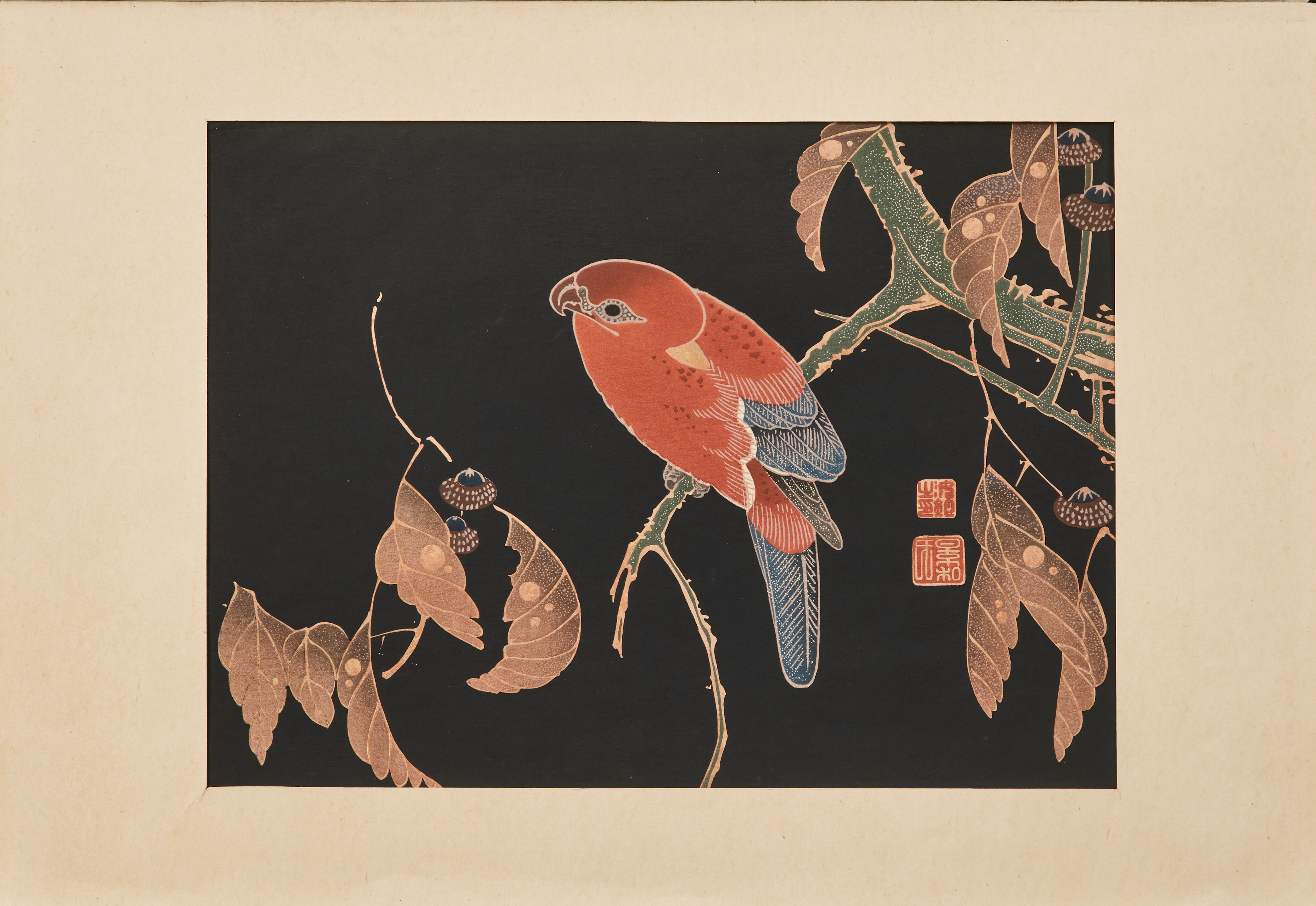 ITO JAKUCHU (1716-1800). Efter. "Red Parrot on the Branch of a Tree"