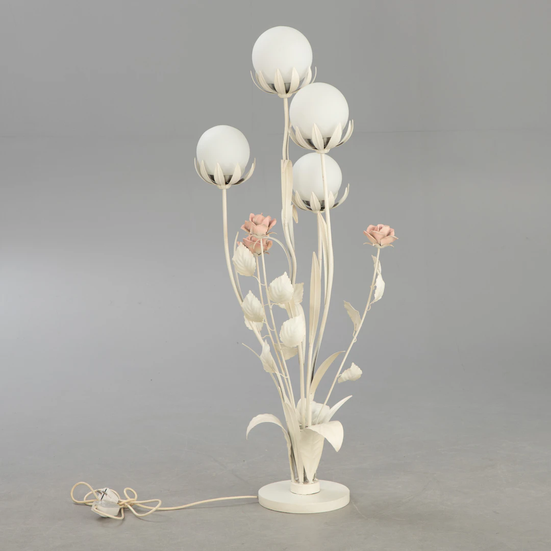 Florale Stehlampe im Hollywood Regency Stil mit vier Glasschirmen