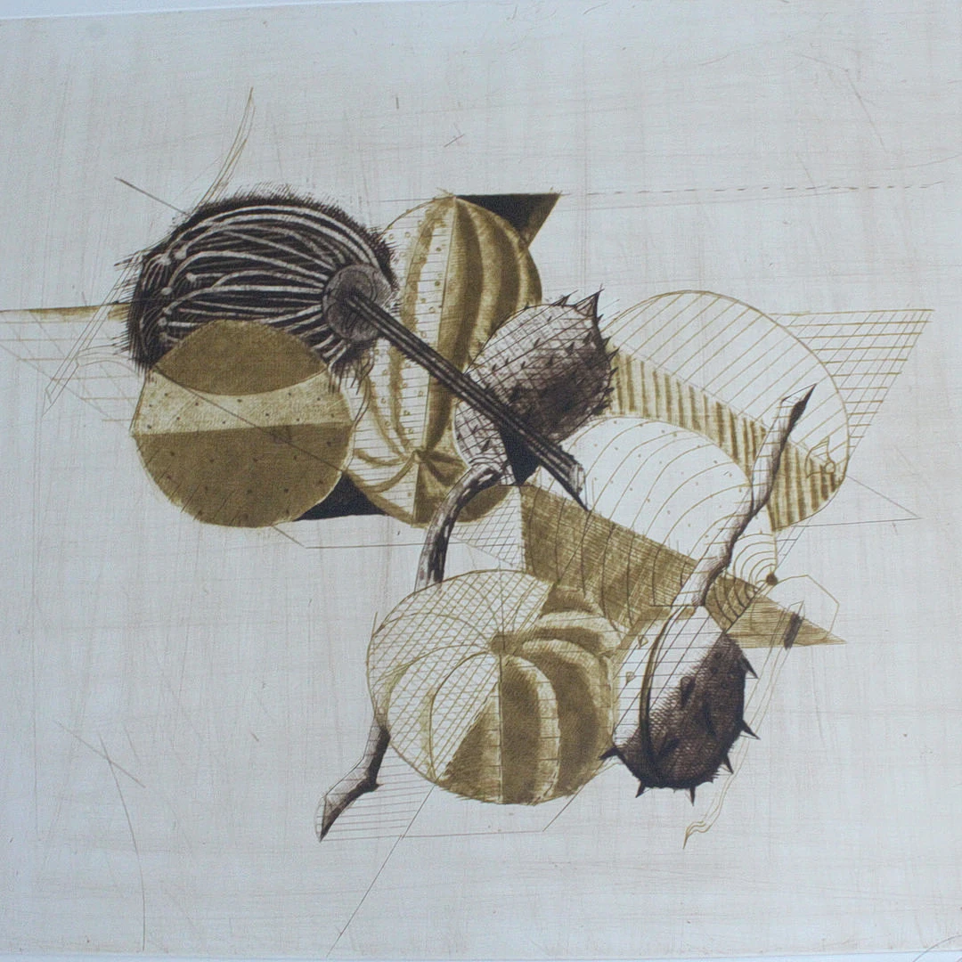 BRIGITTE COUDRAIN (1934). Farbradierung, '' Geometrische Stillleben