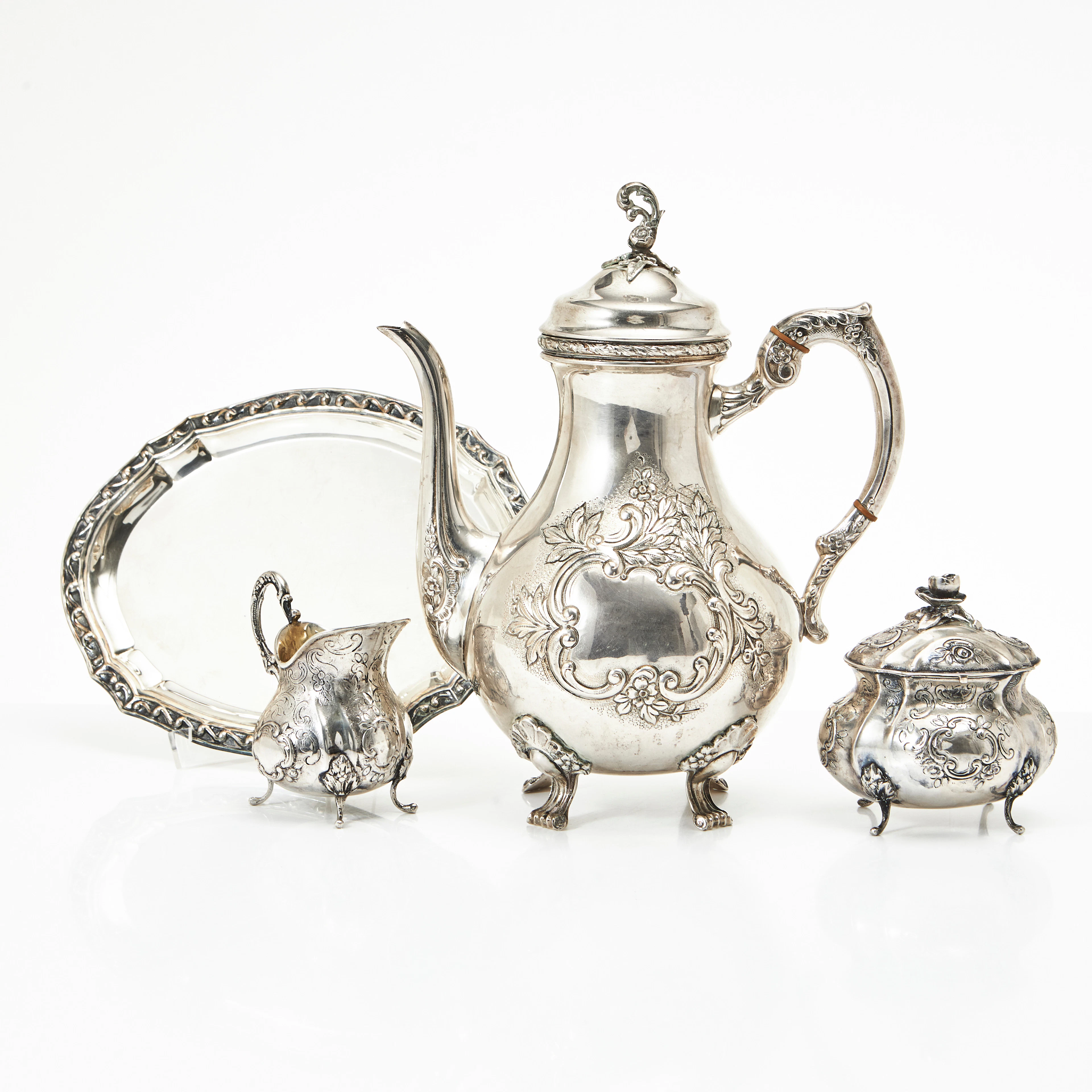 KAFFESERVIS, 4 delar, silver, rokokostil, svenska importstämplar.