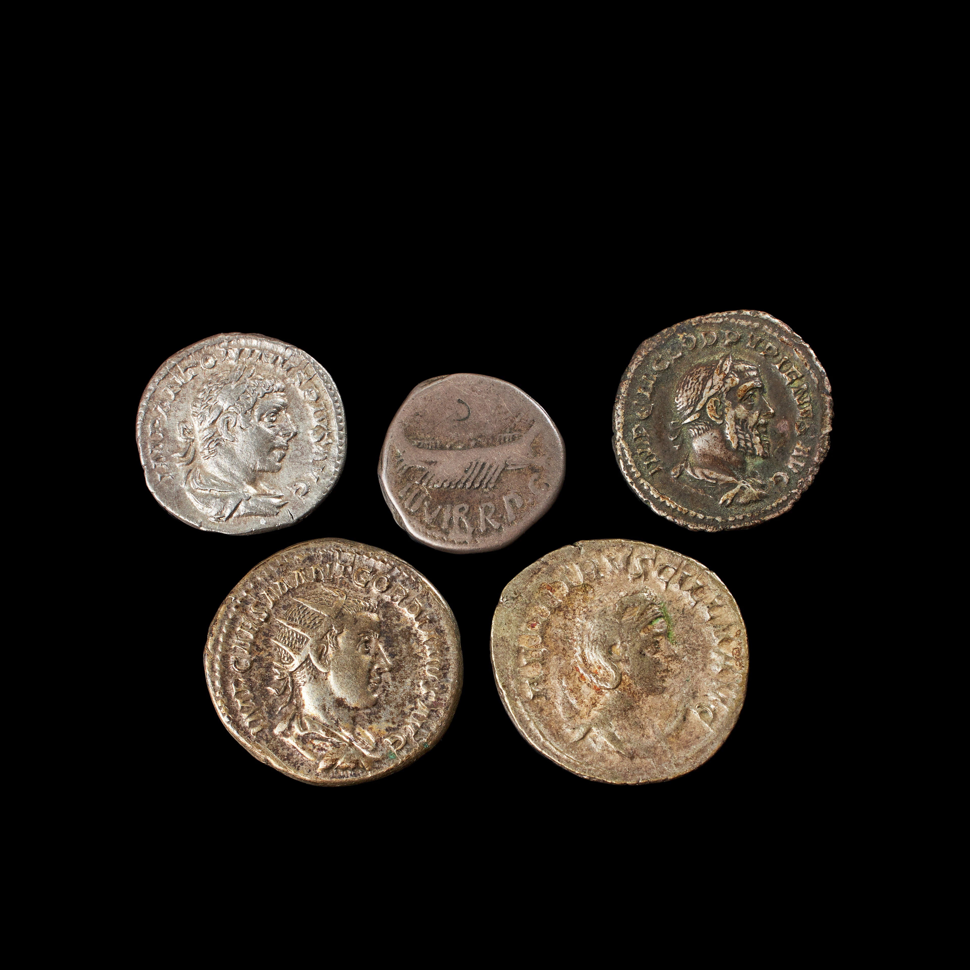 SILVERMYNT romerska 5 st, bl a Gordianus III kejsare 238-244, Marcus