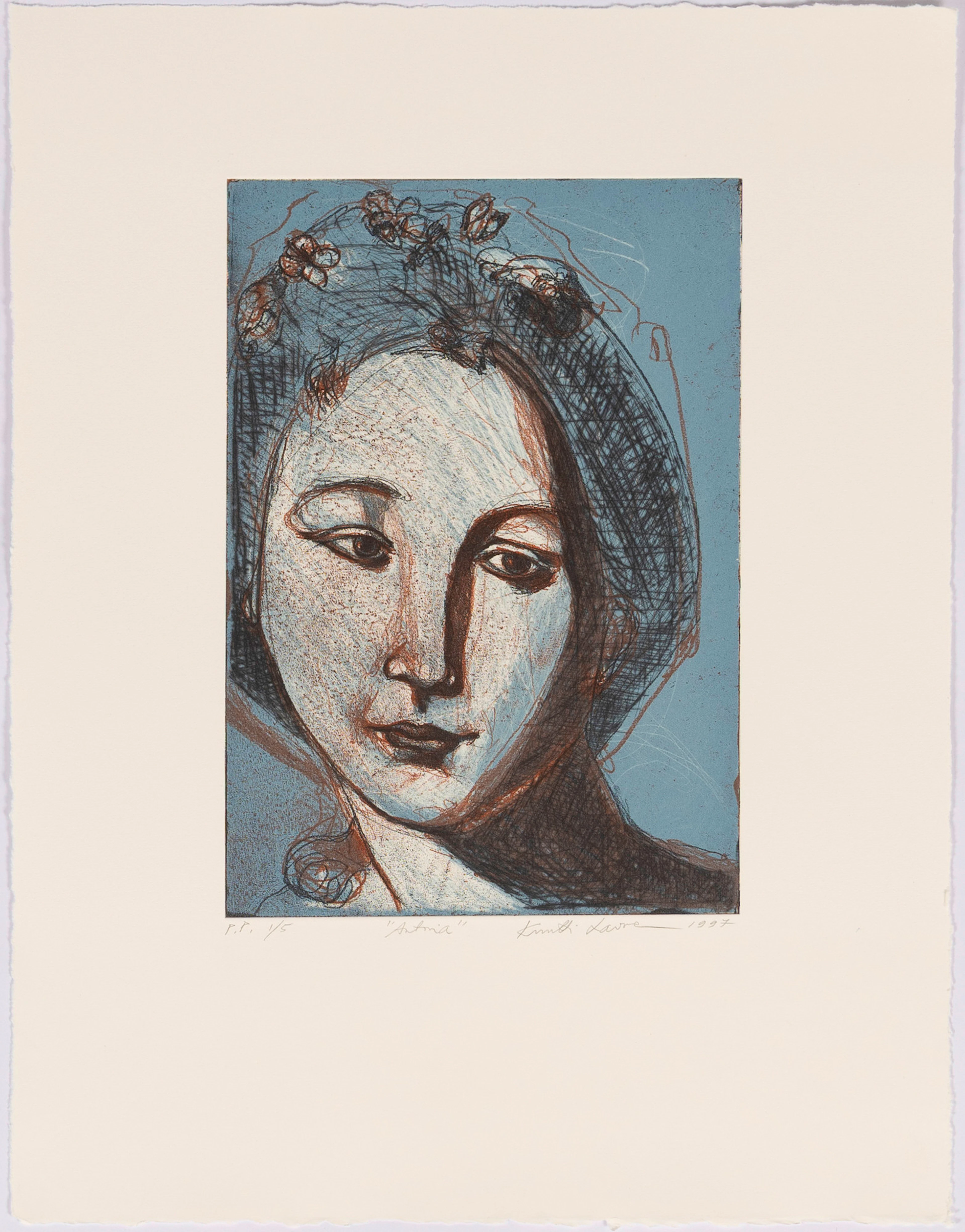 KUUTTI LAVONEN. "Antonia", etsning, oramat blad.