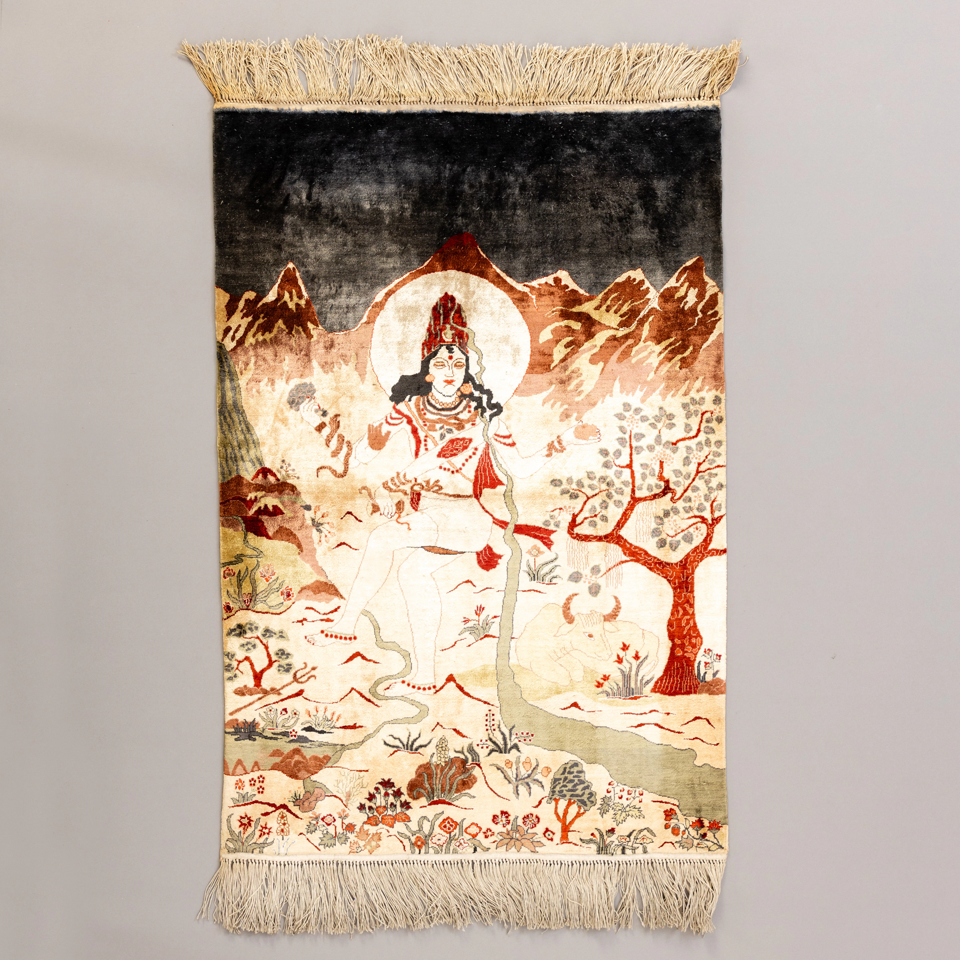 Seidenteppich / Wangteppich, Shiva und Nandi, Henan, China, ca. 92 x 61 cm.