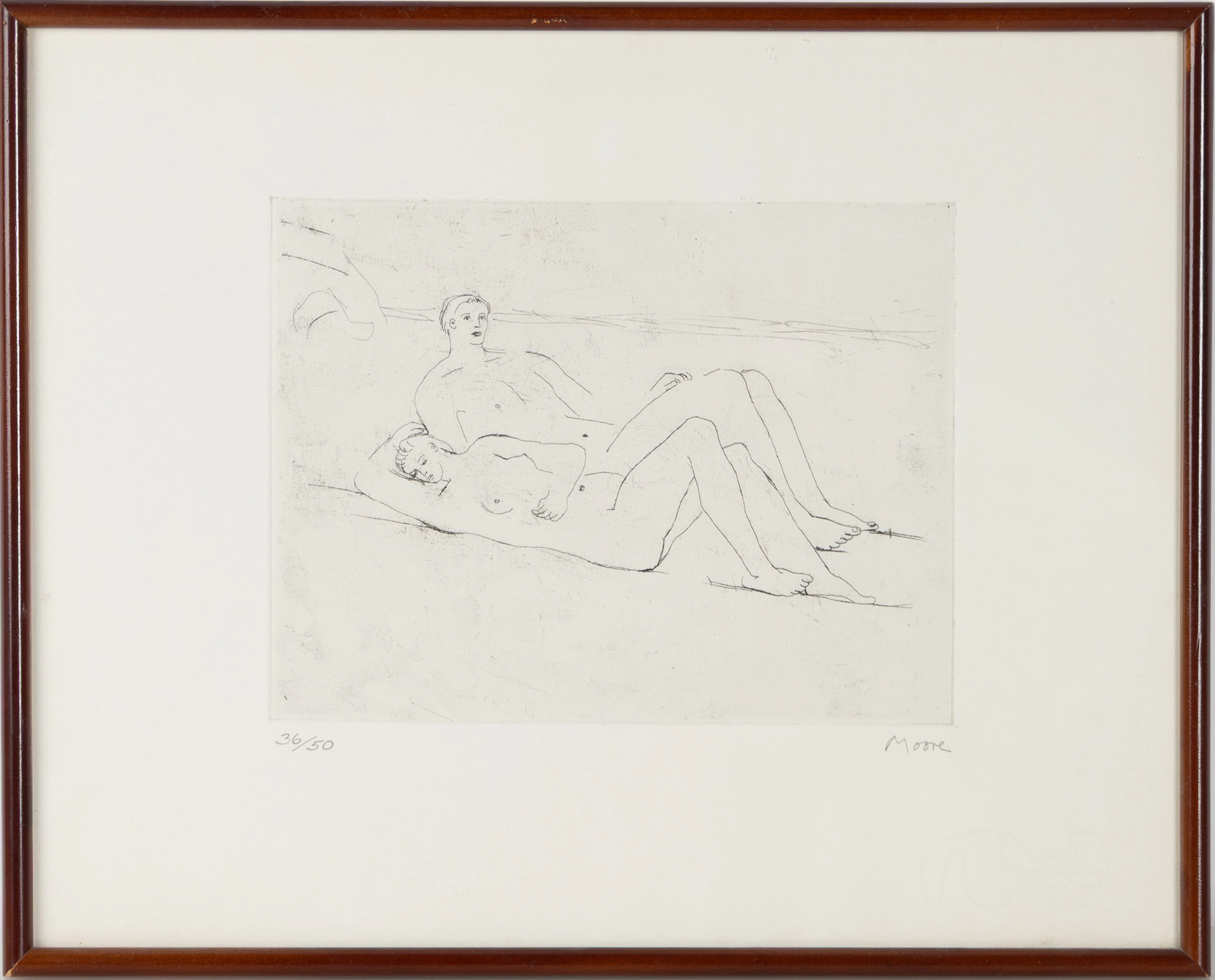 HENRY MOORE. "Reclining figures on beach", etsning.