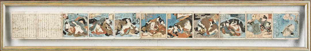 UTAGAWA TOYOKUNI III. "Shiki no Nagame", Shunga, träsnitt, Japan