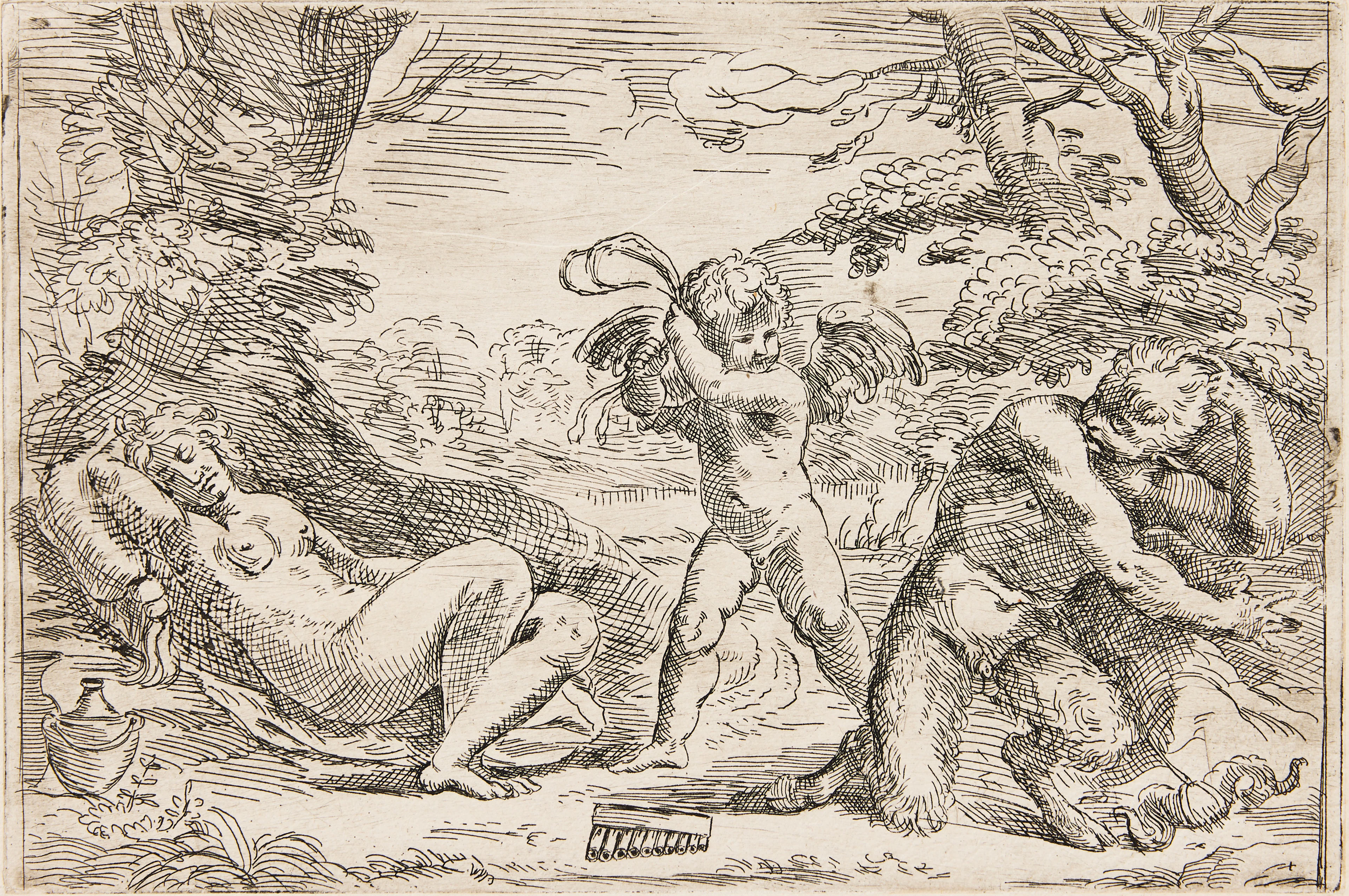 ITALIAN SCHOOL 17TH CENTURY. "Cupid Whipping a Satyr with a Sleeping