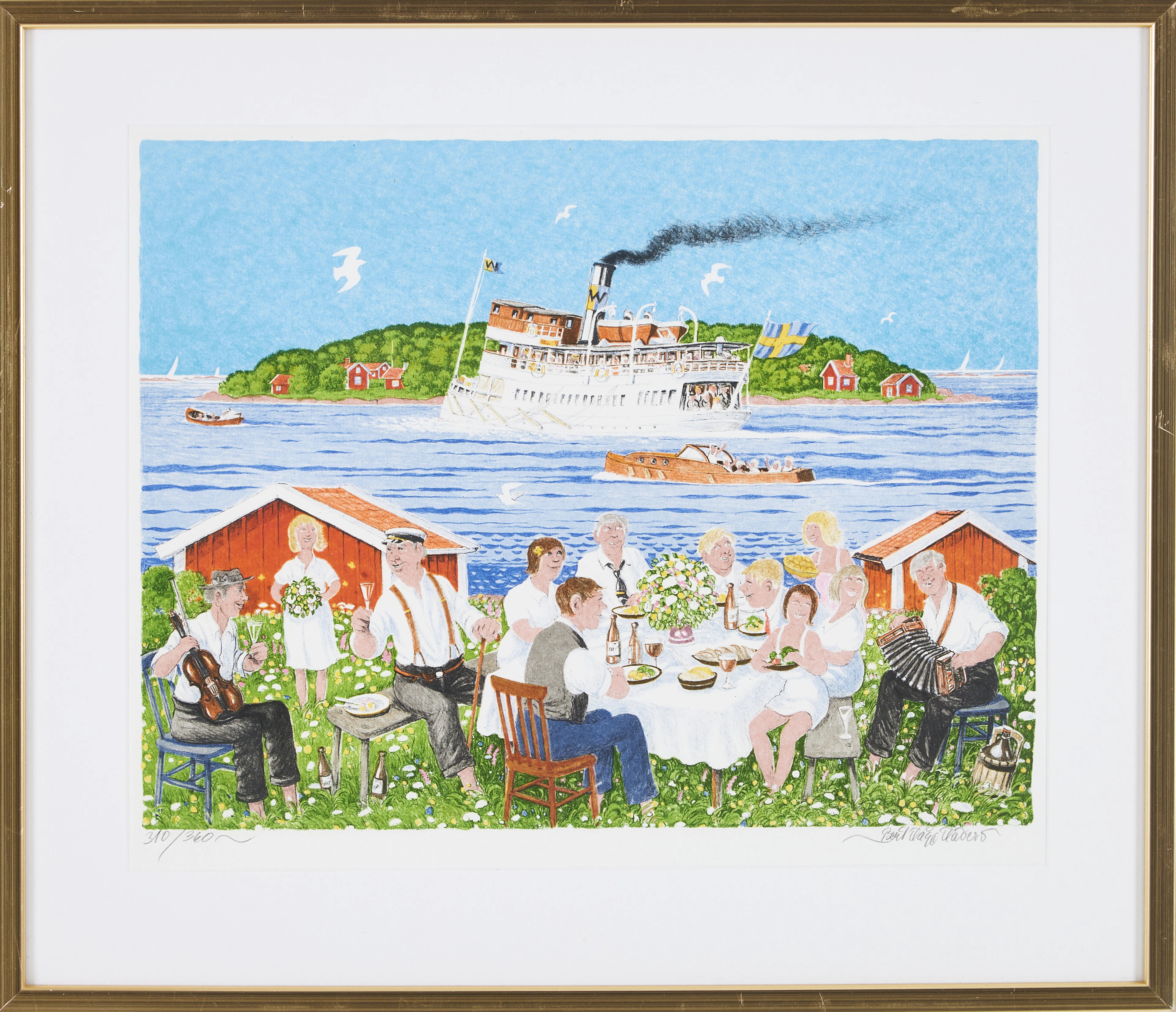 BERT HÅGE HÄVERÖ. Sommarfirande i skärgården, färglitografi, signerad