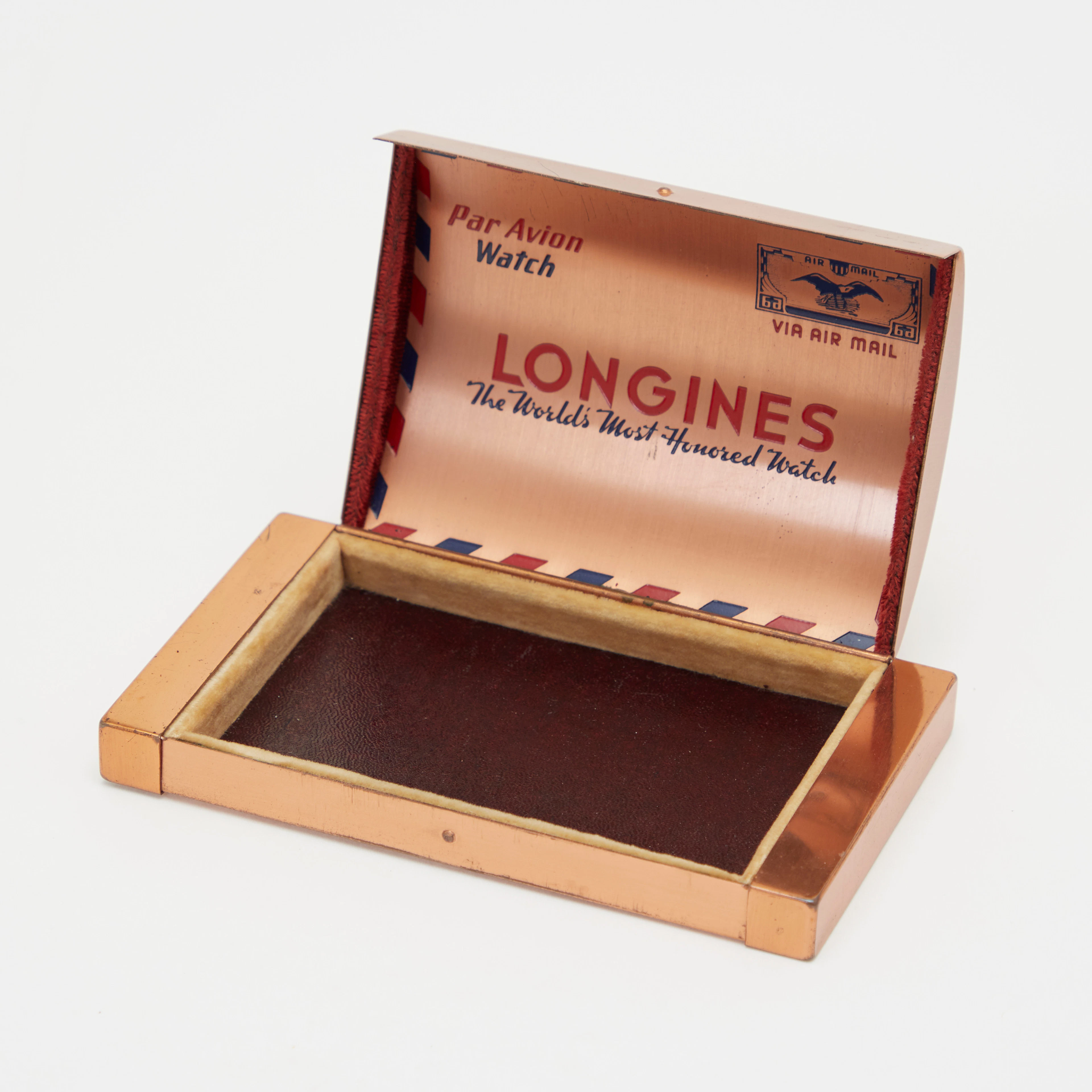 LONGINES. Displaybox / Uhrenetui, 'Par Avion / Via Air Mail', verkupfertes