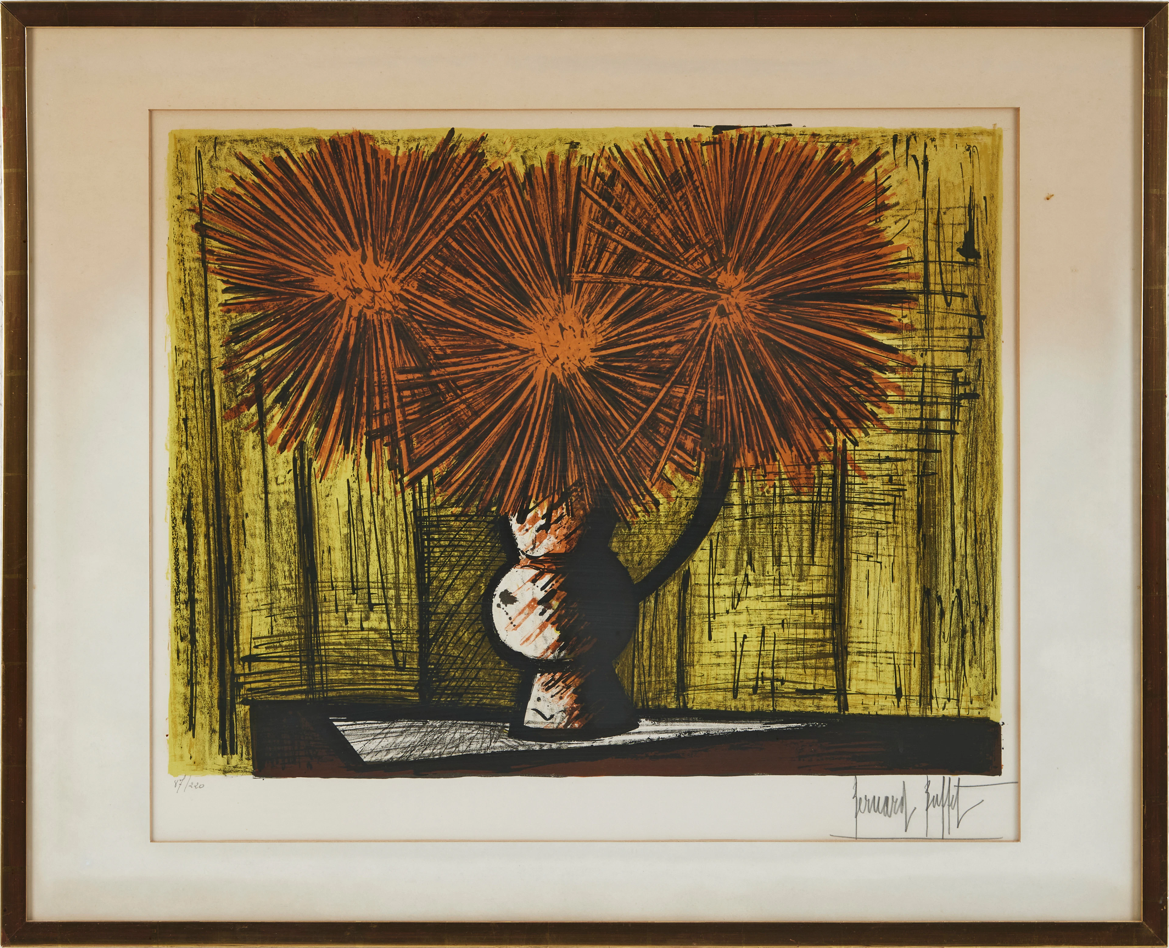 BERNARD BUFFET. "Les Dahlias sur Fond Jaune", 1962, signerad och numrerad