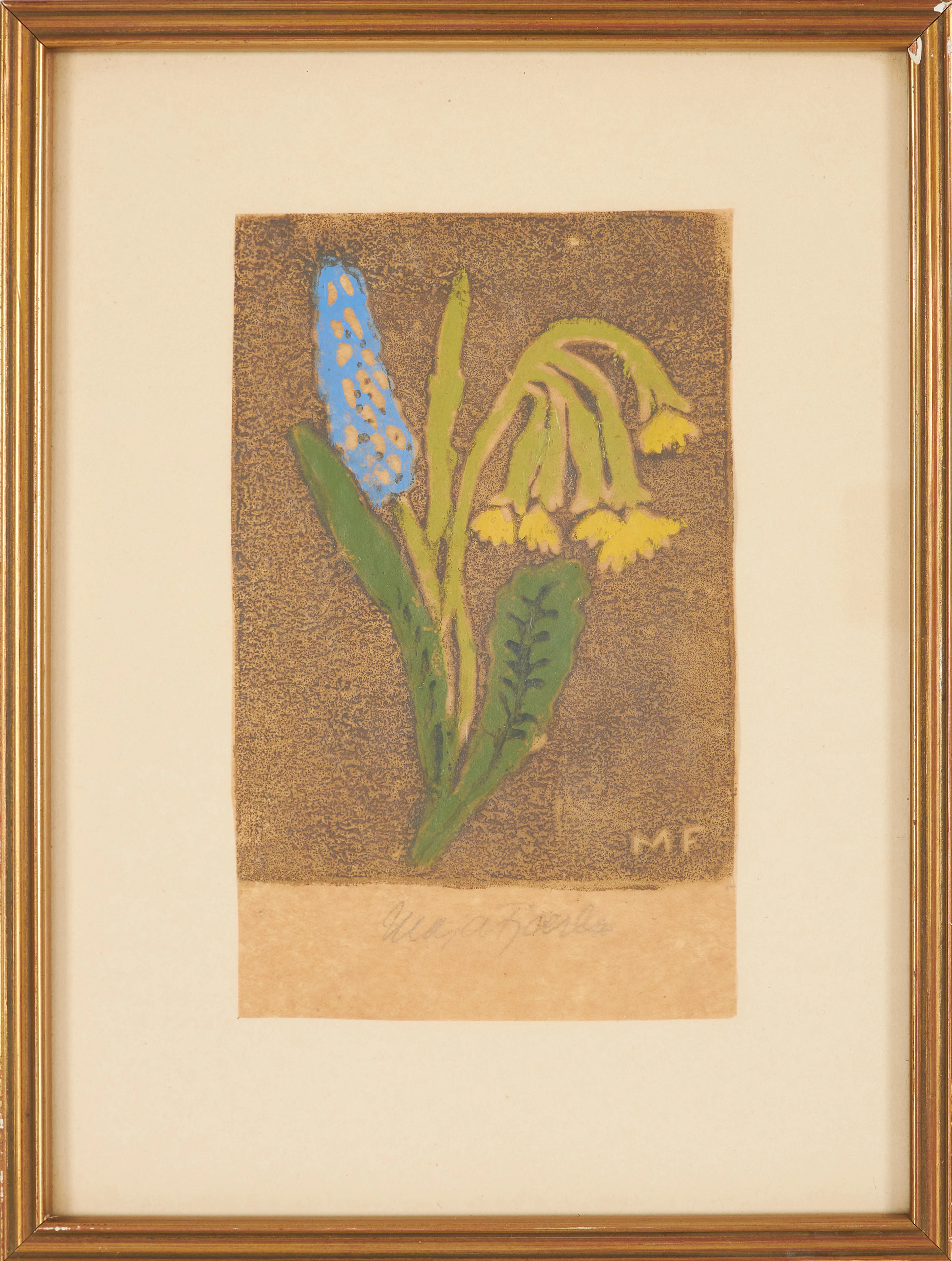 MAJA FJAESTAD. "Vårblomster", träsnitt, kolorerat, signerad.