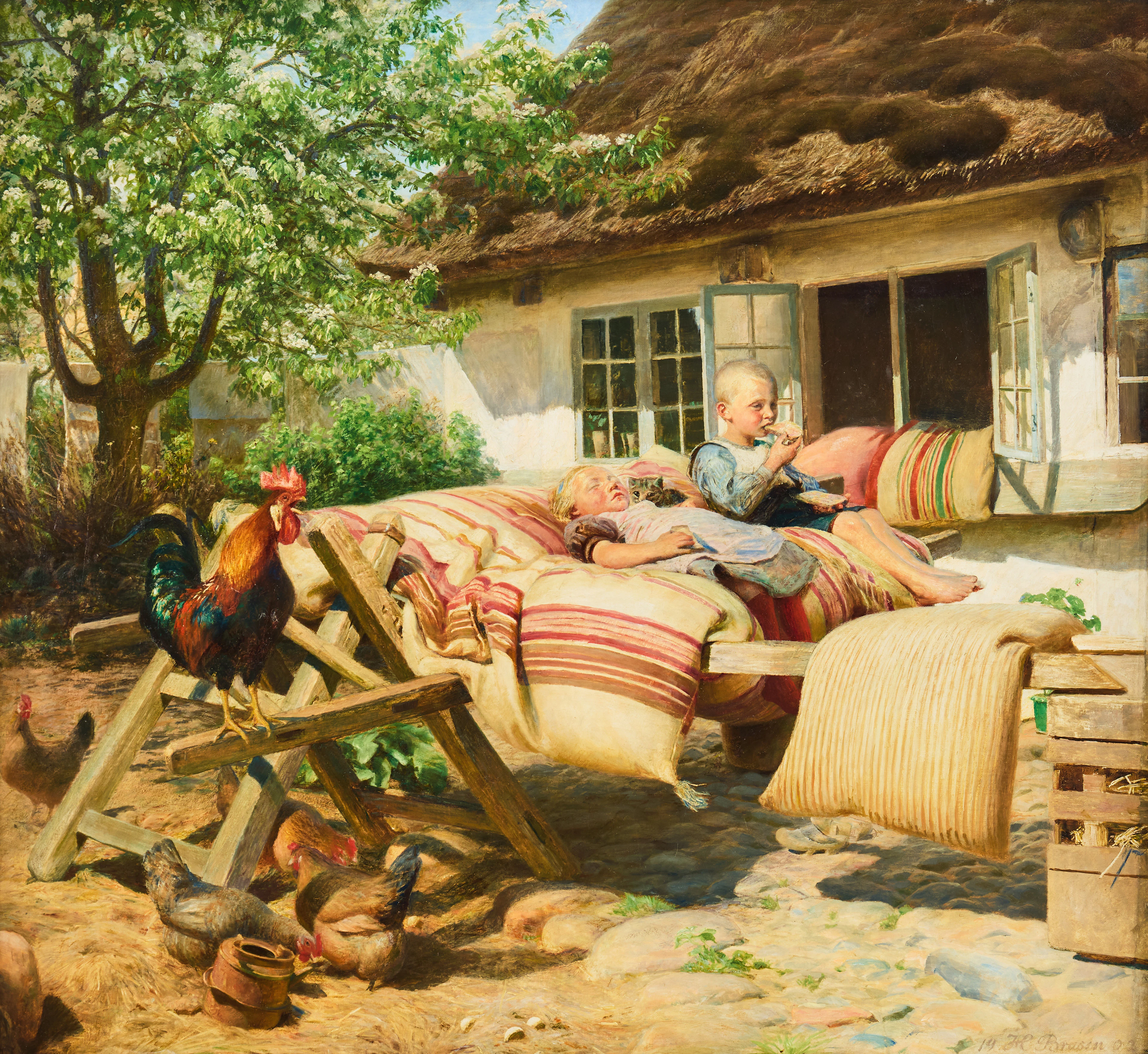 HANS OLE BRASEN (DENMARK 1849-1930). "Solen skinner i Naboens Gaard".