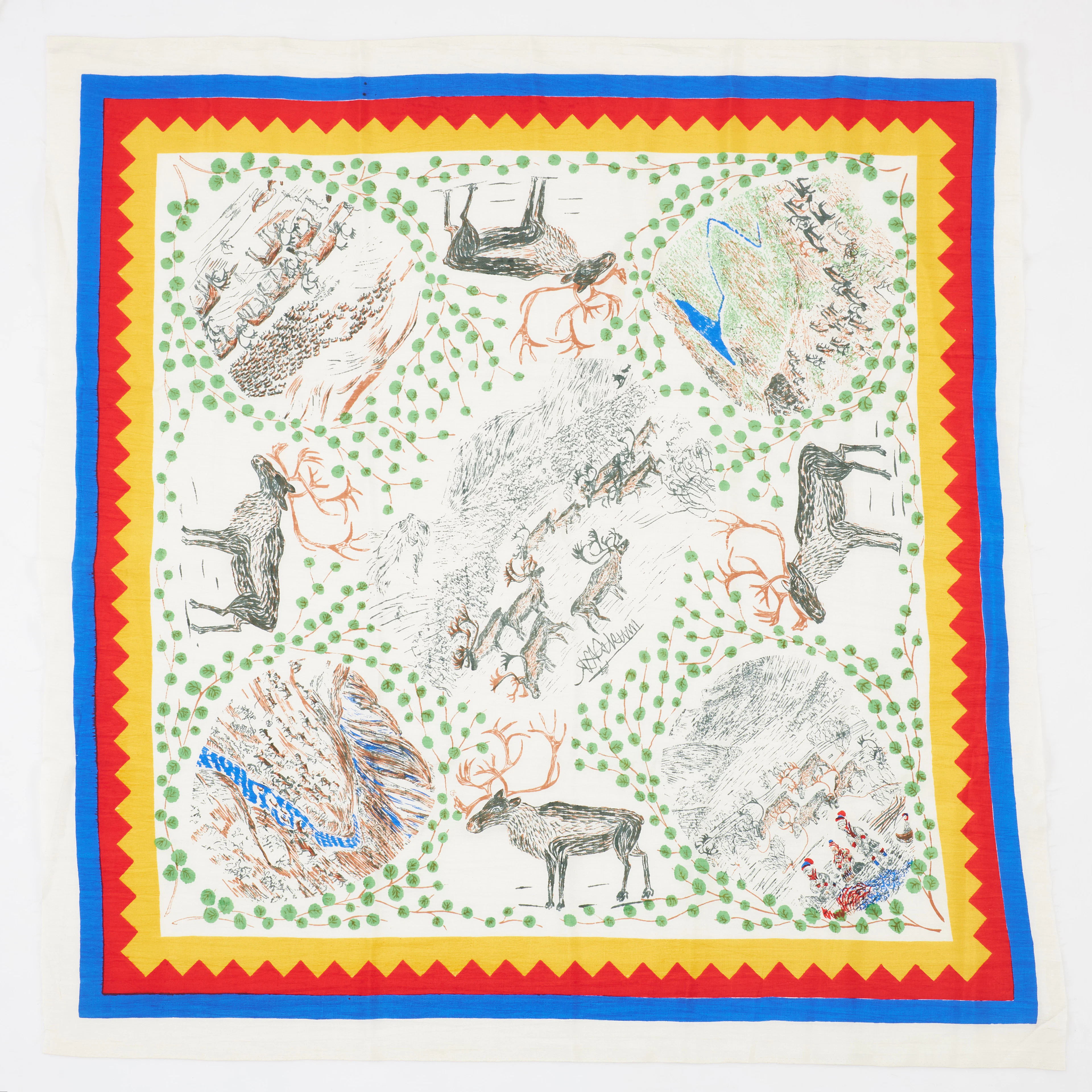 SCARF, siden, samisk dekor med renar, med motiv efter Nils Nilsson Skum.