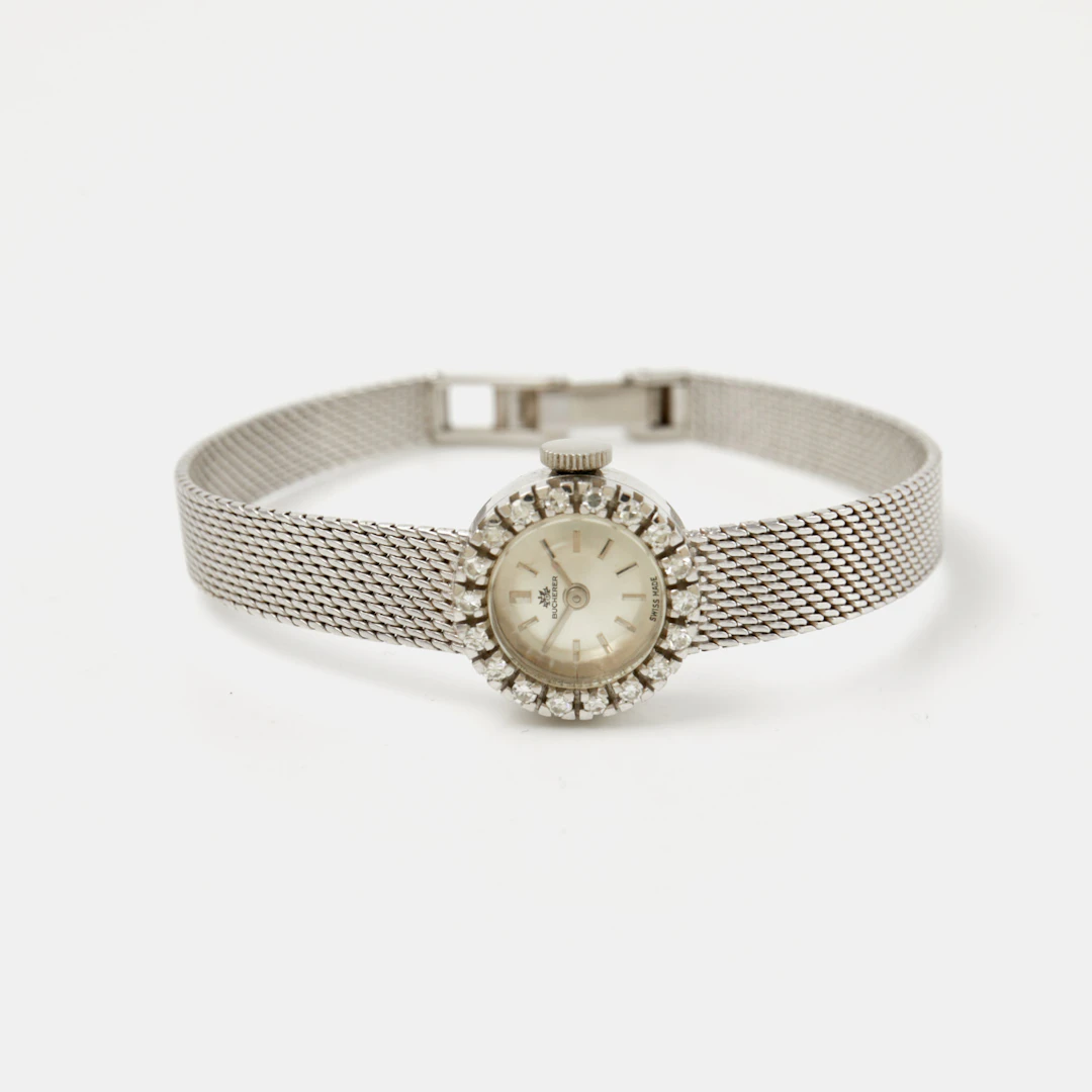 BUCHERER (Swiss Made), boett och länk 18 k vitguld, 16 mm, krans med