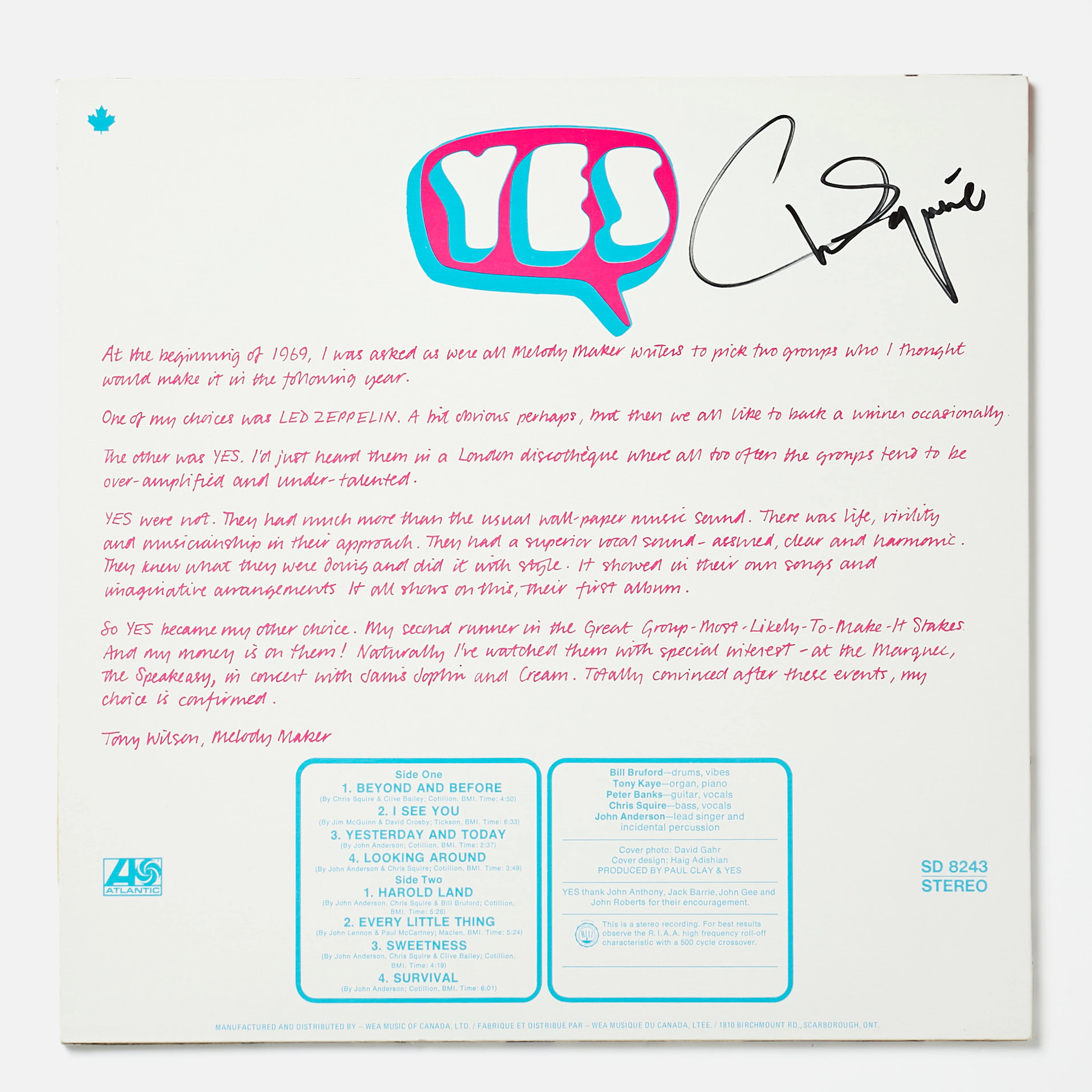 CHRIS SQUIRE (Yes), signerad skiva, signerad LP med dedikation av