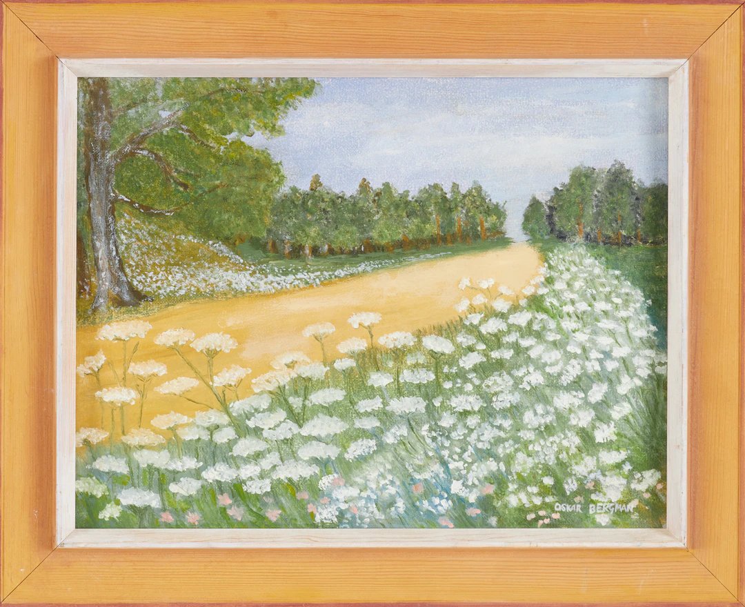 OSKAR BERGMAN. Blomster, landsväg, olja på duk, signerad Oskar Bergman.
