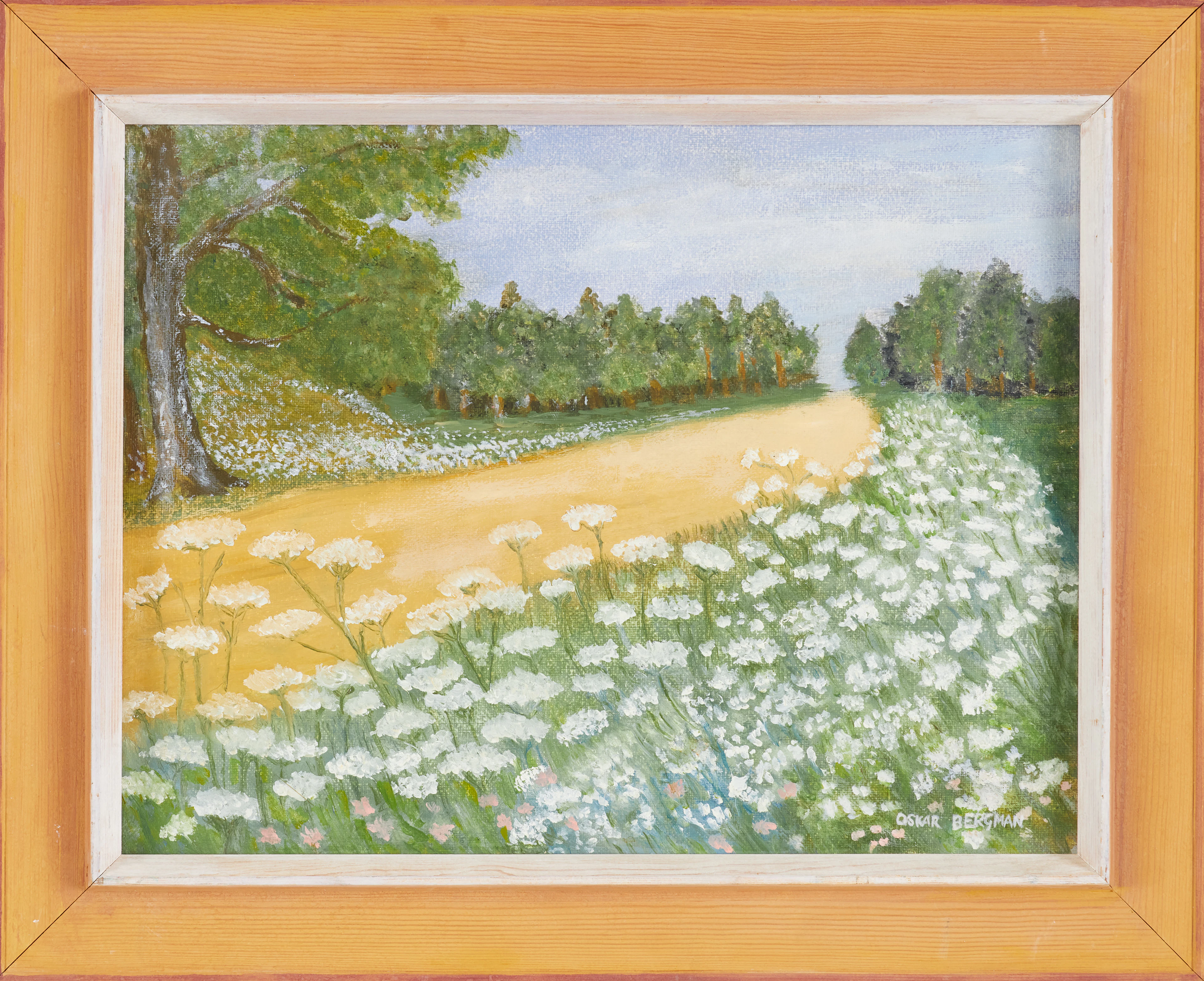 OSKAR BERGMAN. Blomster, landsväg, olja på duk, signerad Oskar Bergman.
